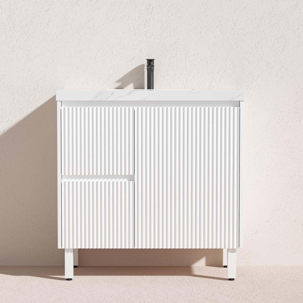 LUKKA CRETE MODERN MATTE WHITE 900MM SINGLE BOWL FLOOR STANDING VANITY (AVAILABLE IN LEFT AND RIGHT HAND DRAWER)