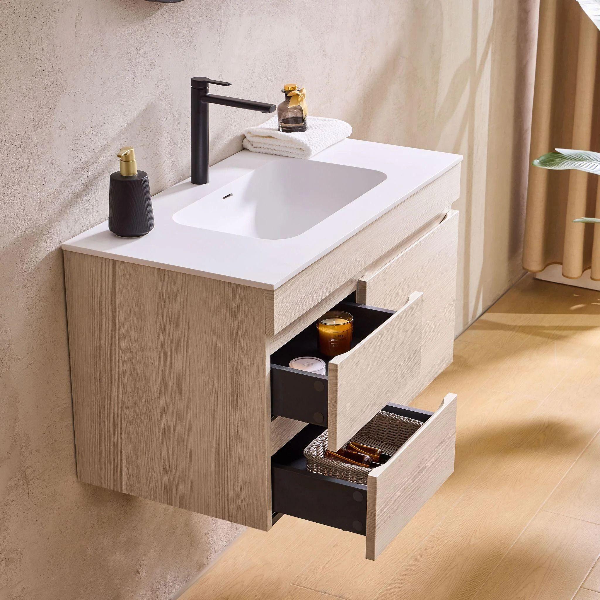 LUKKA CAMDEN MODERN COASTAL OAK 900MM SINGLE BOWL WALL HUNG VANITY