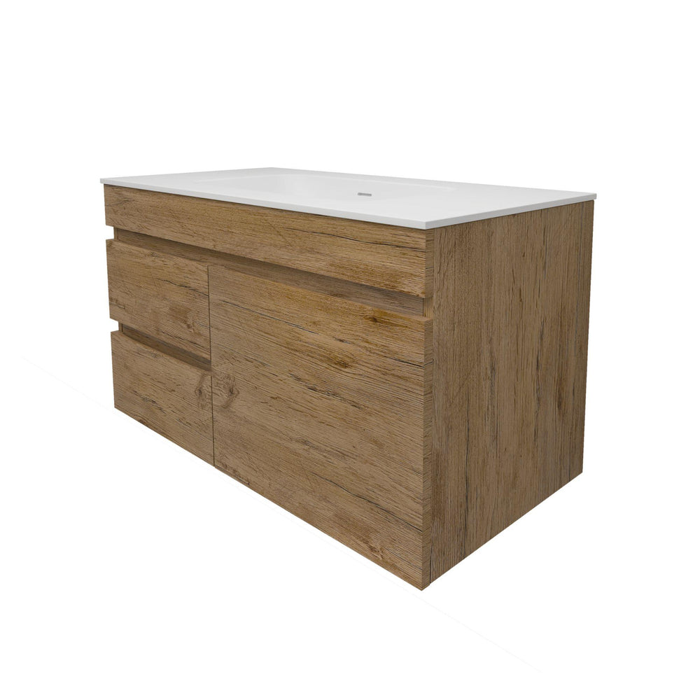 LUKKA CAMDEN MODERN PRIME OAK 900MM SINGLE BOWL WALL HUNG VANITY (AVAILABLE IN LEFT AND RIGHT HAND DRAWER)