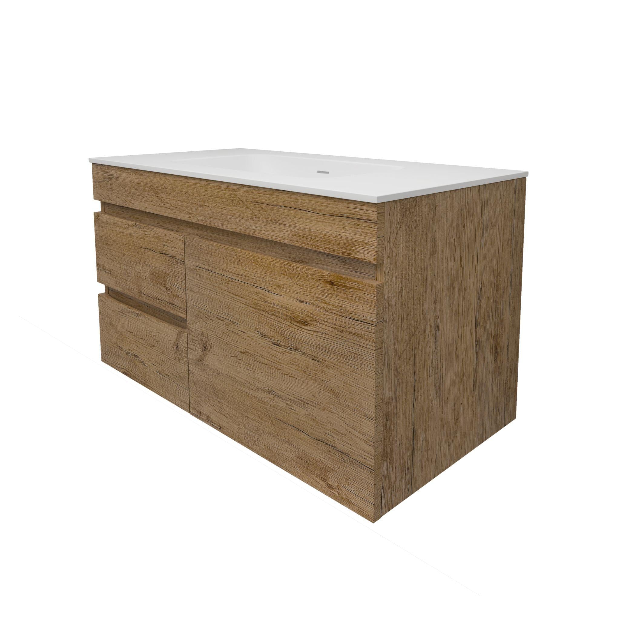 LUKKA CAMDEN MODERN PRIME OAK 900MM SINGLE BOWL WALL HUNG VANITY (AVAILABLE IN LEFT AND RIGHT HAND DRAWER)