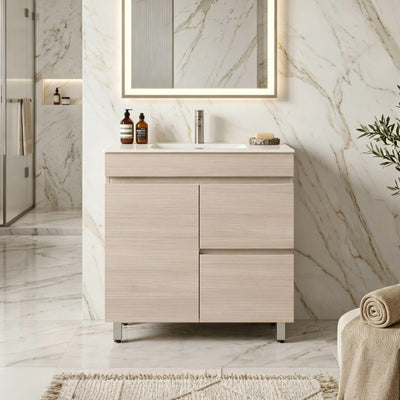 LUKKA CAMDEN MODERN COASTAL OAK 900MM SINGLE BOWL FLOOR STANDING VANITY (AVAILABLE IN LEFT AND RIGHT HAND DRAWER)