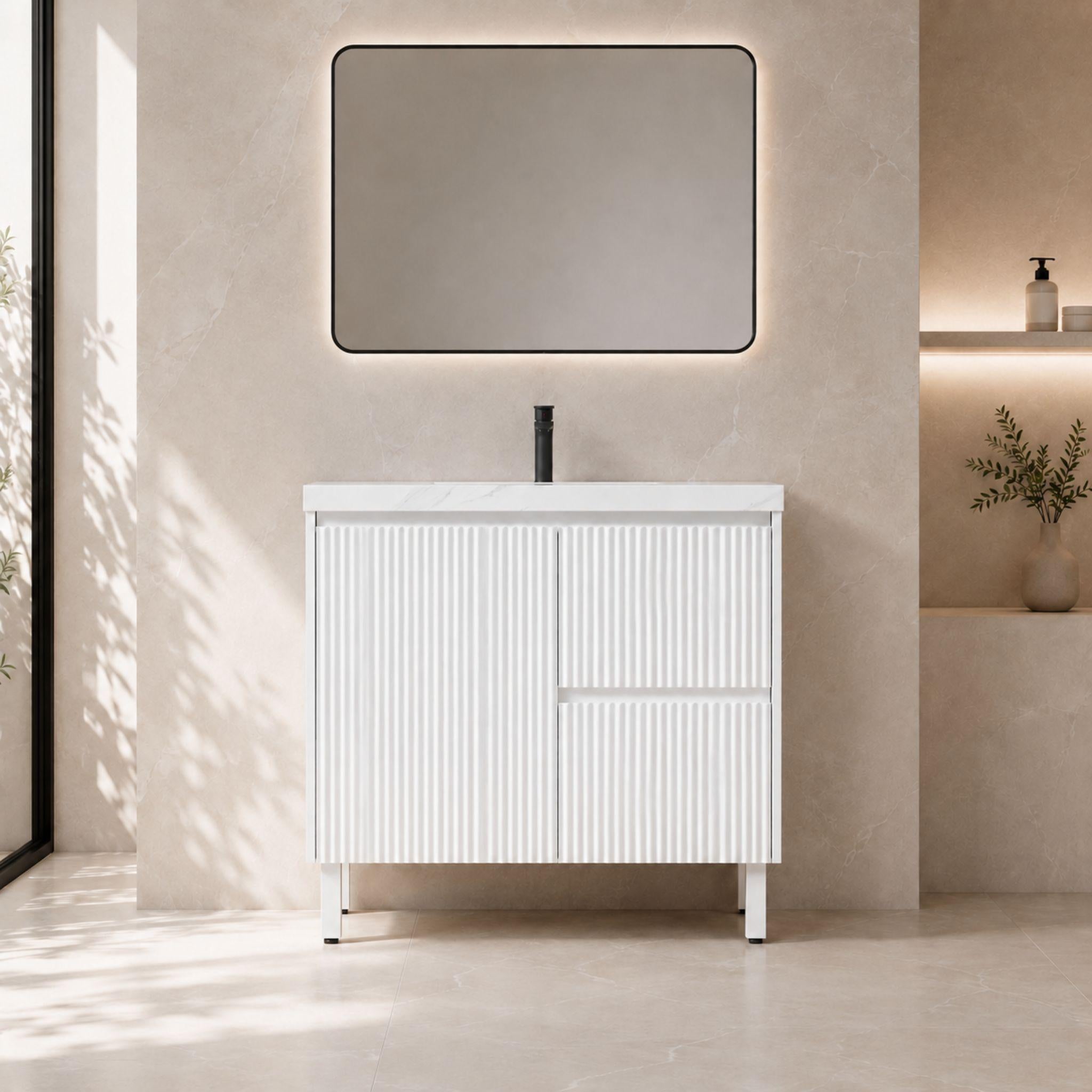 LUKKA CRETE MODERN MATTE WHITE 900MM SINGLE BOWL FLOOR STANDING VANITY (AVAILABLE IN LEFT AND RIGHT HAND DRAWER)