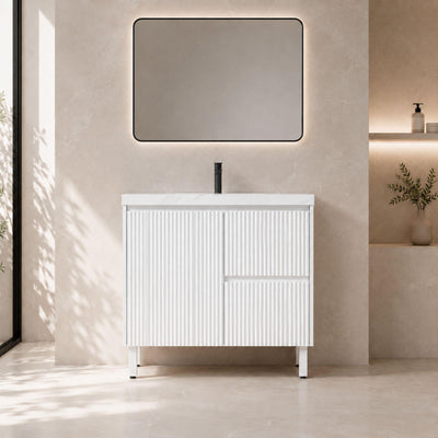 LUKKA CRETE MODERN MATTE WHITE 900MM SINGLE BOWL FLOOR STANDING VANITY (AVAILABLE IN LEFT AND RIGHT HAND DRAWER)