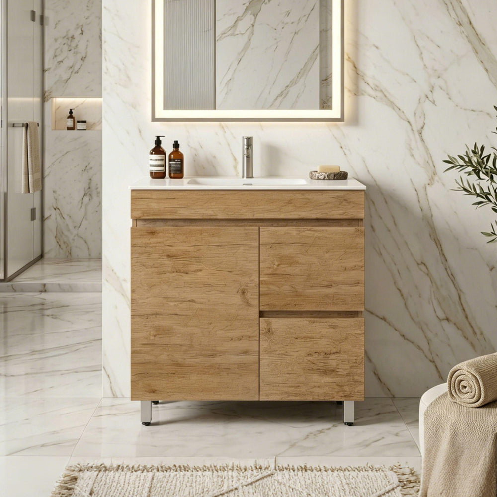 LUKKA CAMDEN MODERN PRIME OAK 900MM SINGLE BOWL FLOOR STANDING VANITY (AVAILABLE IN LEFT AND RIGHT HAND DRAWER)