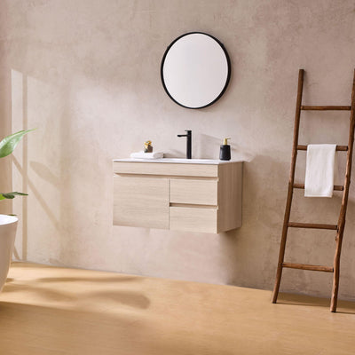 LUKKA CAMDEN MODERN COASTAL OAK 900MM SINGLE BOWL WALL HUNG VANITY (AVAILABLE IN LEFT AND RIGHT HAND DRAWER)