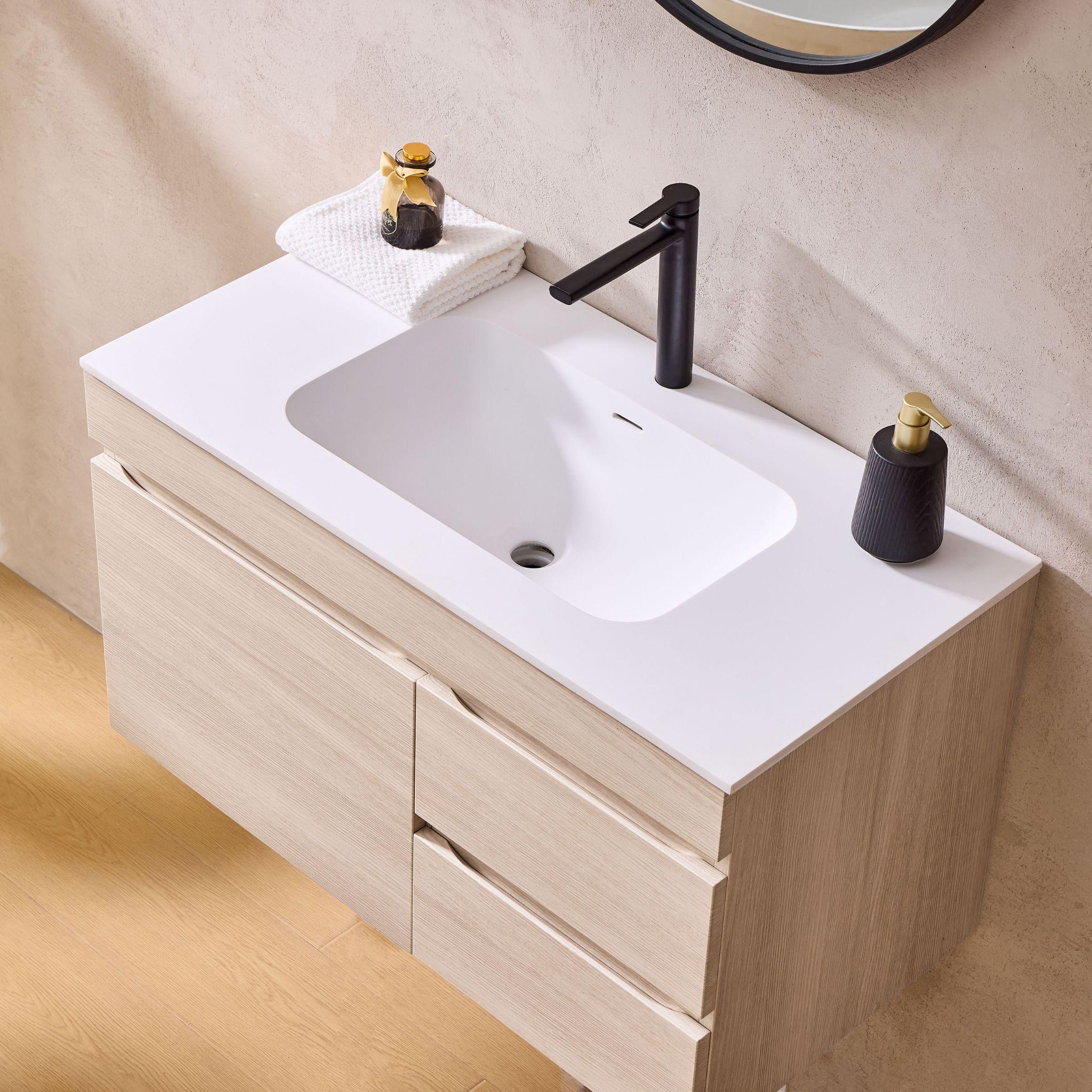 LUKKA CAMDEN MODERN COASTAL OAK 900MM SINGLE BOWL WALL HUNG VANITY (AVAILABLE IN LEFT AND RIGHT HAND DRAWER)