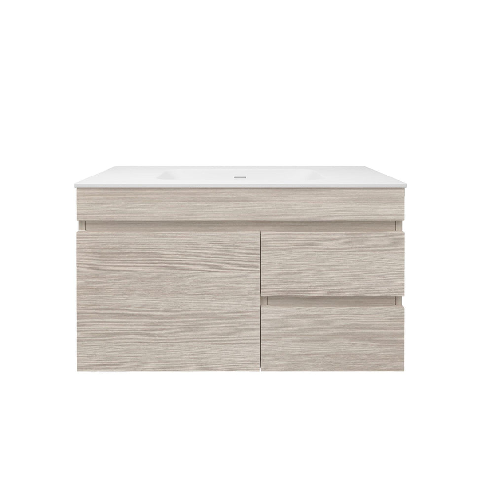 LUKKA CAMDEN MODERN COASTAL OAK 900MM SINGLE BOWL WALL HUNG VANITY (AVAILABLE IN LEFT AND RIGHT HAND DRAWER)