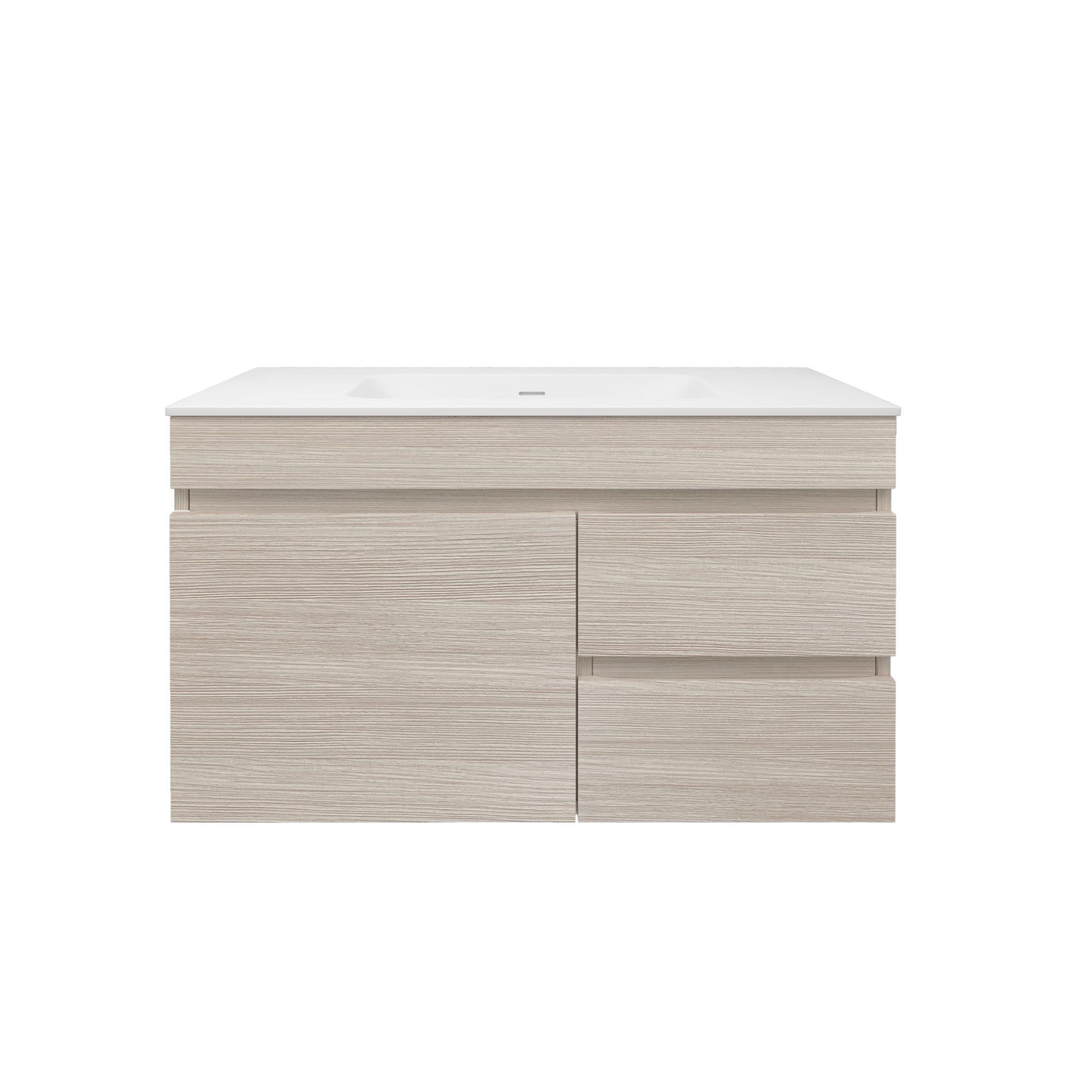 LUKKA CAMDEN MODERN COASTAL OAK 900MM SINGLE BOWL WALL HUNG VANITY (AVAILABLE IN LEFT AND RIGHT HAND DRAWER)