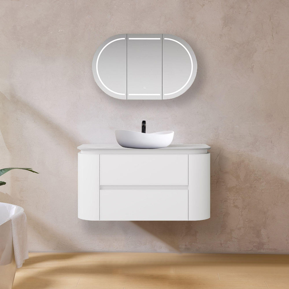 LUKKA DEVITO MATTE WHITE 900MM CURVE SINGLE BOWL WALL HUNG VANITY