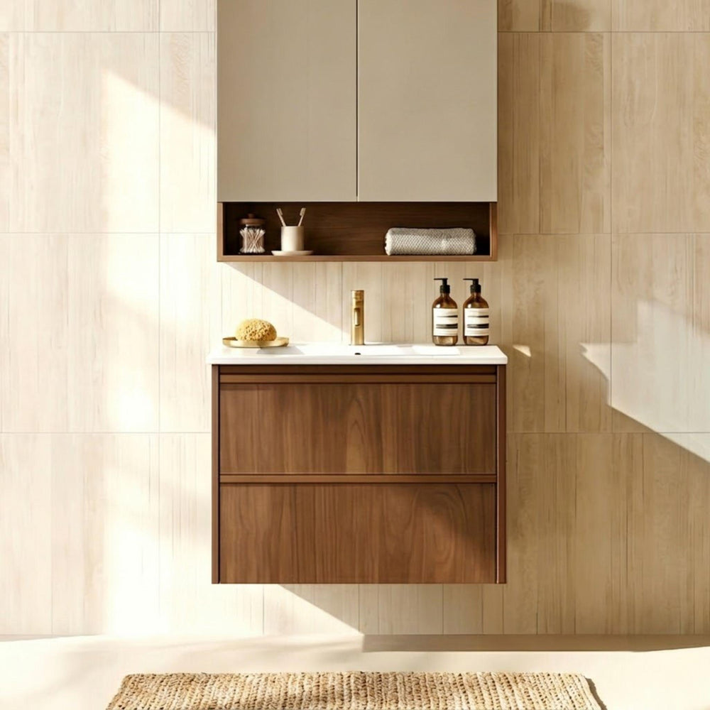 LUKKA RIDGEWOOD MODERN MOCHA OAK 600MM SINGLE BOWL WALL HUNG VANITY