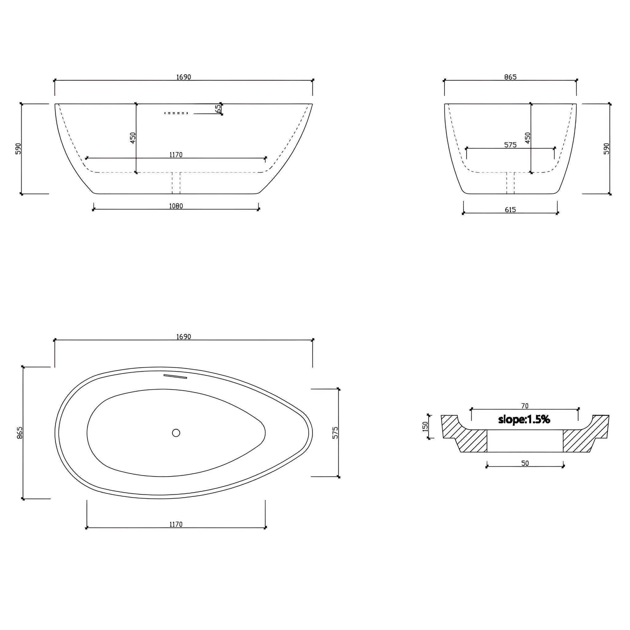 LUKKA NOVA SLIM FREESTANDING BATHTUB OVERFLOW GLOSS WHITE 1690MM