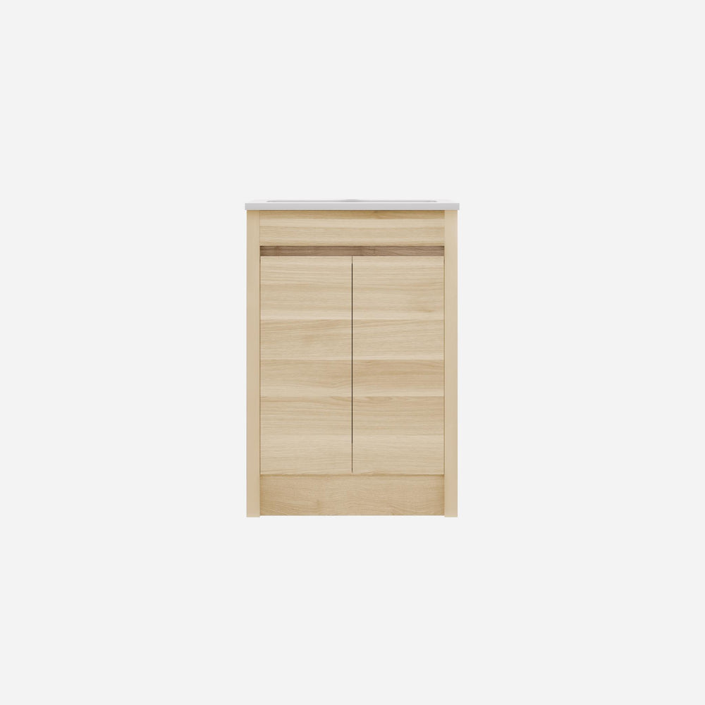LUKKA PAKO NATURAL OAK FLAT PACK 600MM SINGLE BOWL FLOOR STANDING VANITY