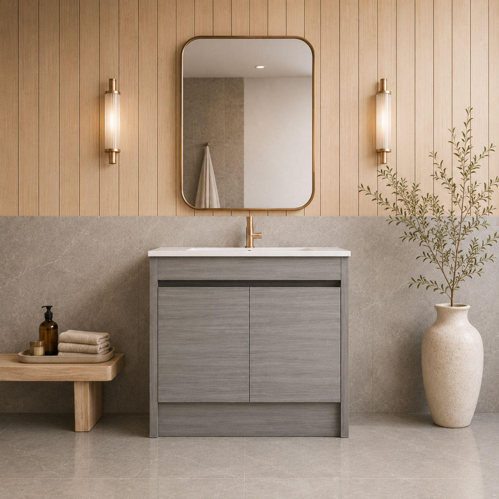 LUKKA PAKO GREY OAK FLAT PACK 900MM SINGLE BOWL FLOOR STANDING VANITY