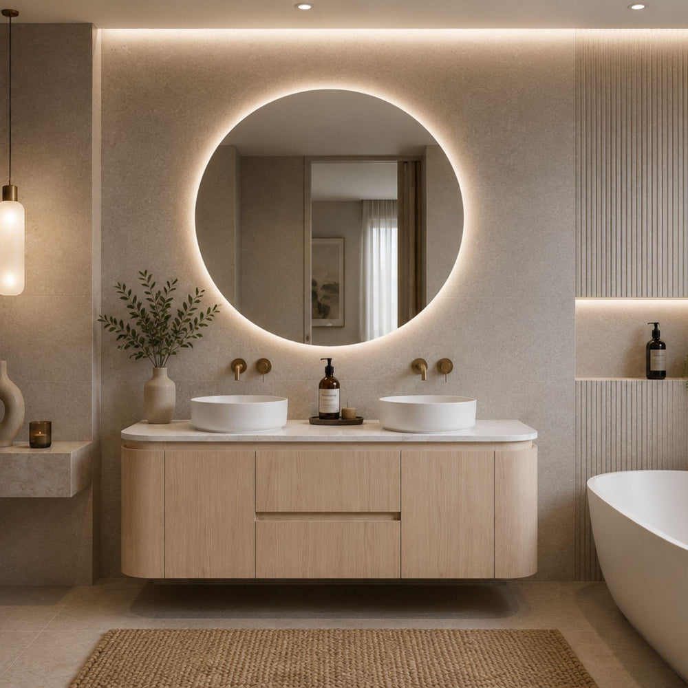 LUKKA RAVELLO SANDY OAK WOODMATT 1500MM DOUBLE BOWL WALL HUNG VANITY