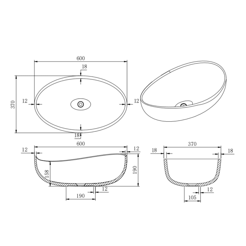 LUKKA WAVERTON ABOVE COUNTER BASIN MATTE BLACK 600MM