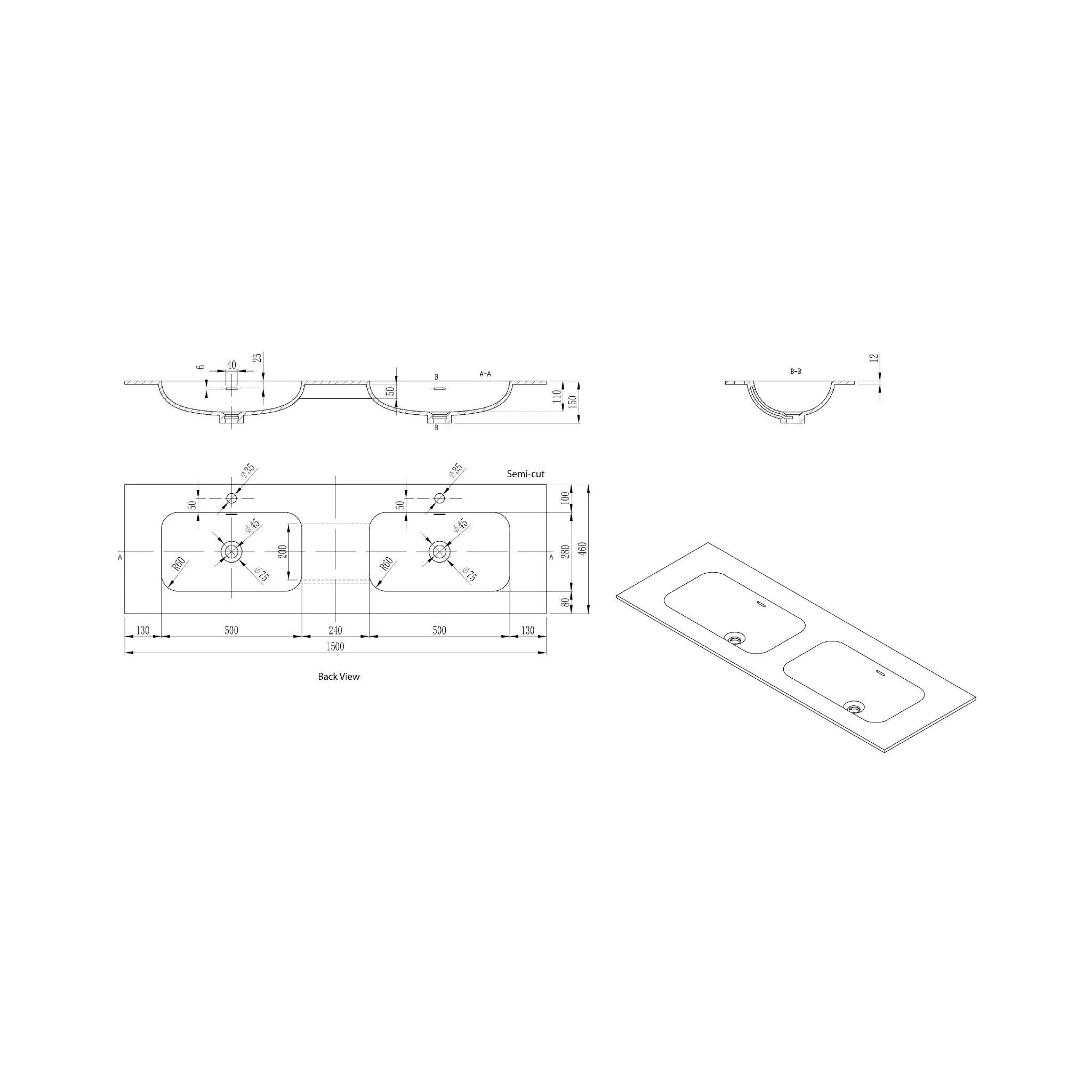 LUKKA CHASEY MATTE BLACK DOUBLE BOWL VANITY UNDERMOUNT TOP (AVAILABLE IN MULTIPLE SIZES)