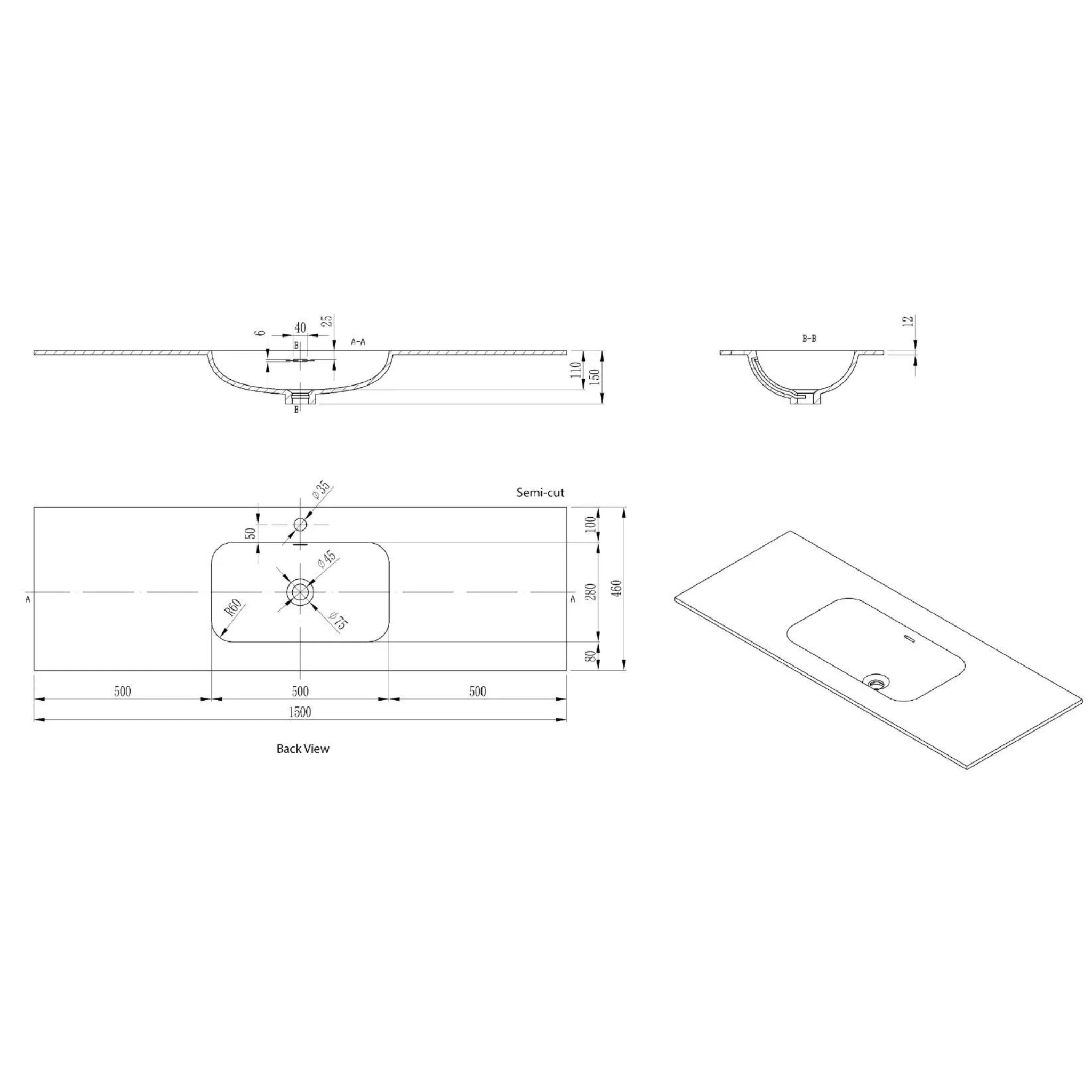 LUKKA CHASEY MATTE BLACK SINGLE BOWL VANITY UNDERMOUNT TOP (AVAILABLE IN MULTIPLE SIZES)