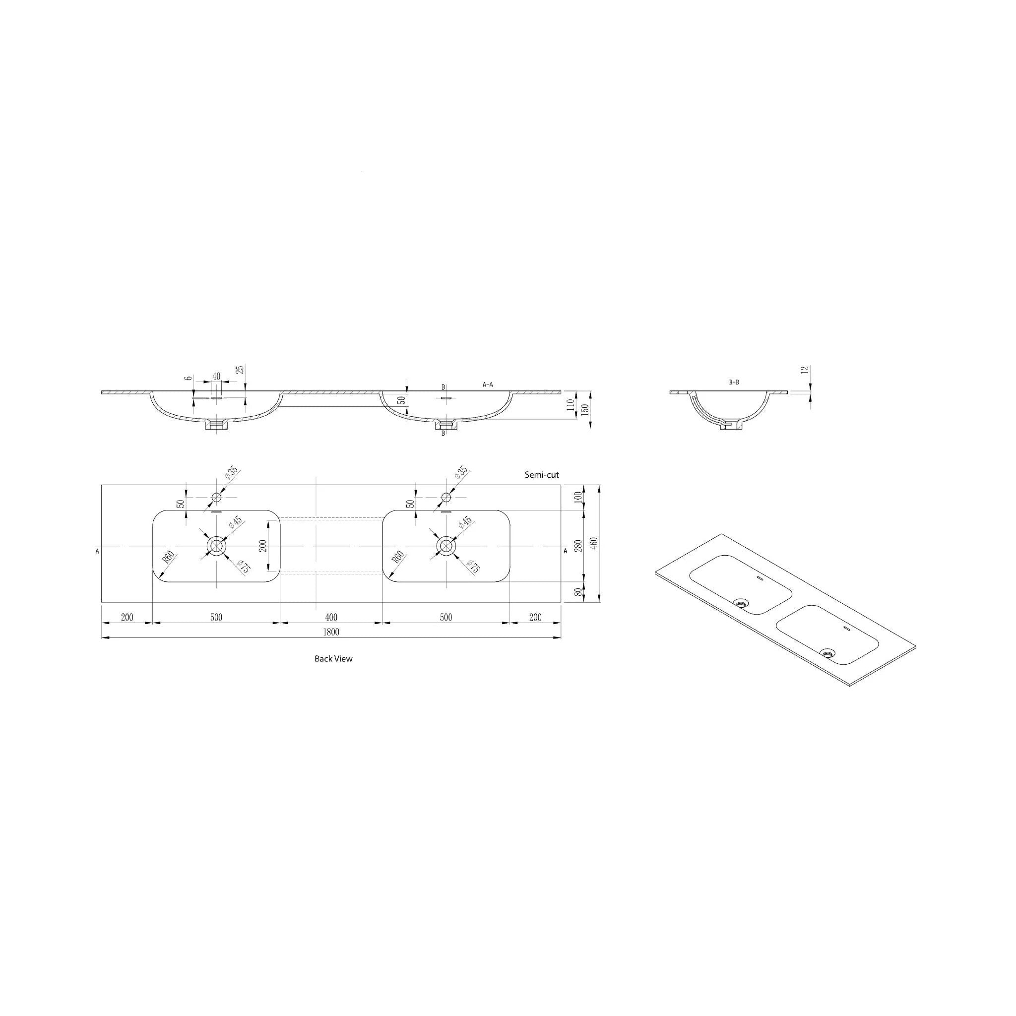 LUKKA CHASEY MATTE WHITE DOUBLE BOWL VANITY UNDERMOUNT TOP (AVAILABLE IN MULTIPLE SIZES)