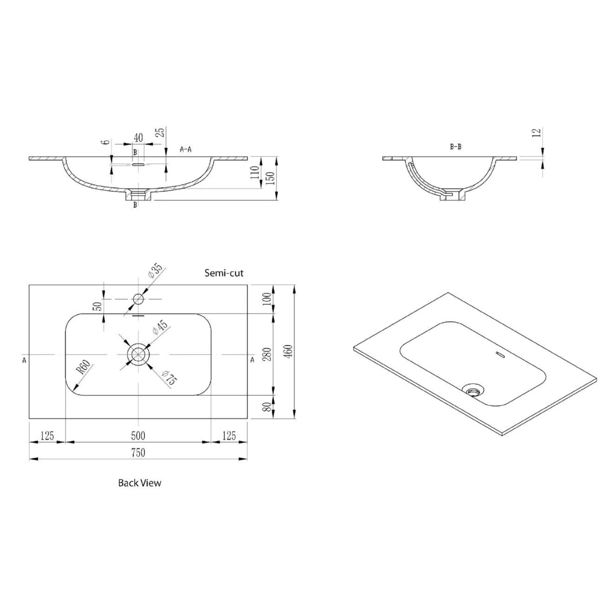LUKKA CHASEY MATTE BLACK SINGLE BOWL VANITY UNDERMOUNT TOP (AVAILABLE IN MULTIPLE SIZES)