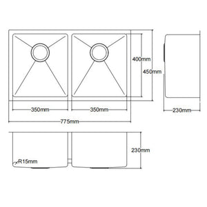 LUKKA KLIFF HAND MADE PVD STAINLESS STEEL DOUBLE BOWL UNDERMOUNT KITCHEN SINK CRYSTAL GOLD 775MM