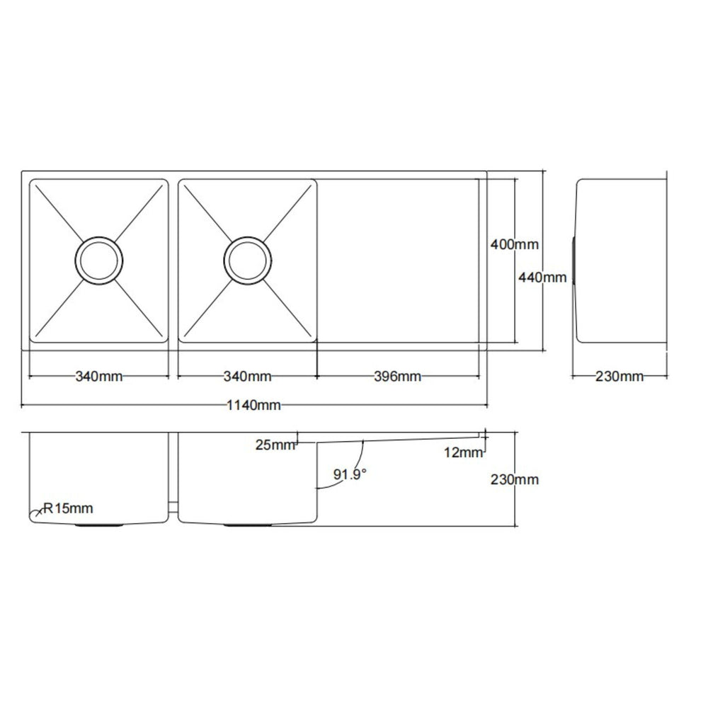 LUKKA KLIFF HAND MADE STAINLESS STEEL DOUBLE BOWL WITH DRAINER UNDERMOUNT KITCHEN SINK 1140MM