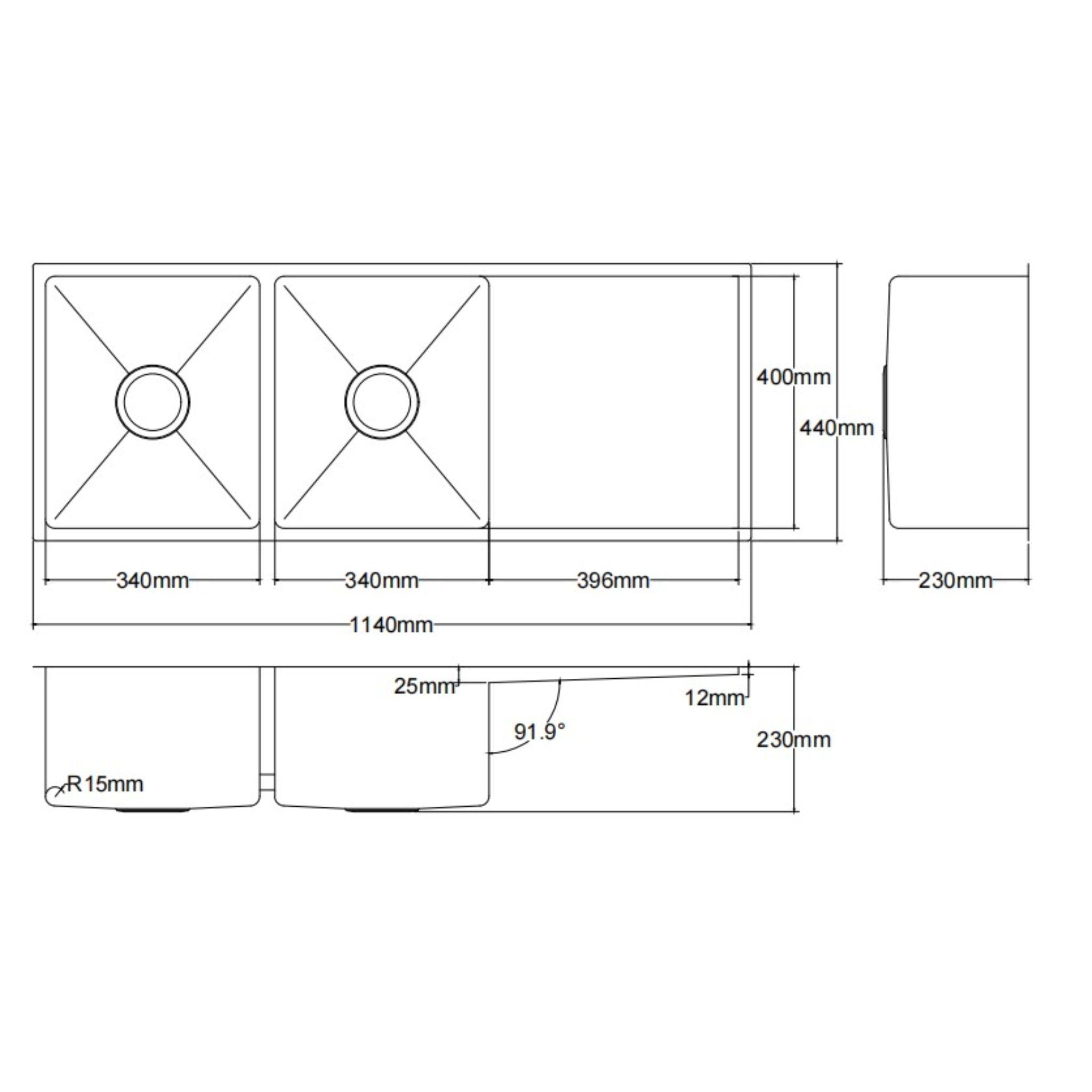 LUKKA KLIFF HAND MADE STAINLESS STEEL DOUBLE BOWL WITH DRAINER UNDERMOUNT KITCHEN SINK 1140MM
