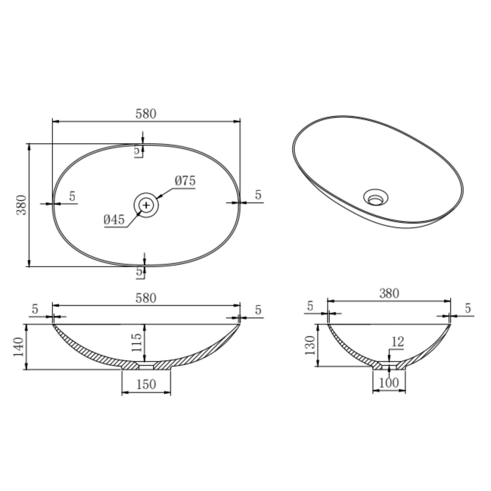 LUKKA KIRRA ABOVE COUNTER BASIN MATTE WHITE 580MM