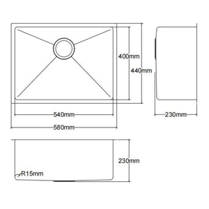 LUKKA KLIFF HAND MADE STAINLESS STEEL SINGLE BOWL UNDERMOUNT KITCHEN SINK 580MM