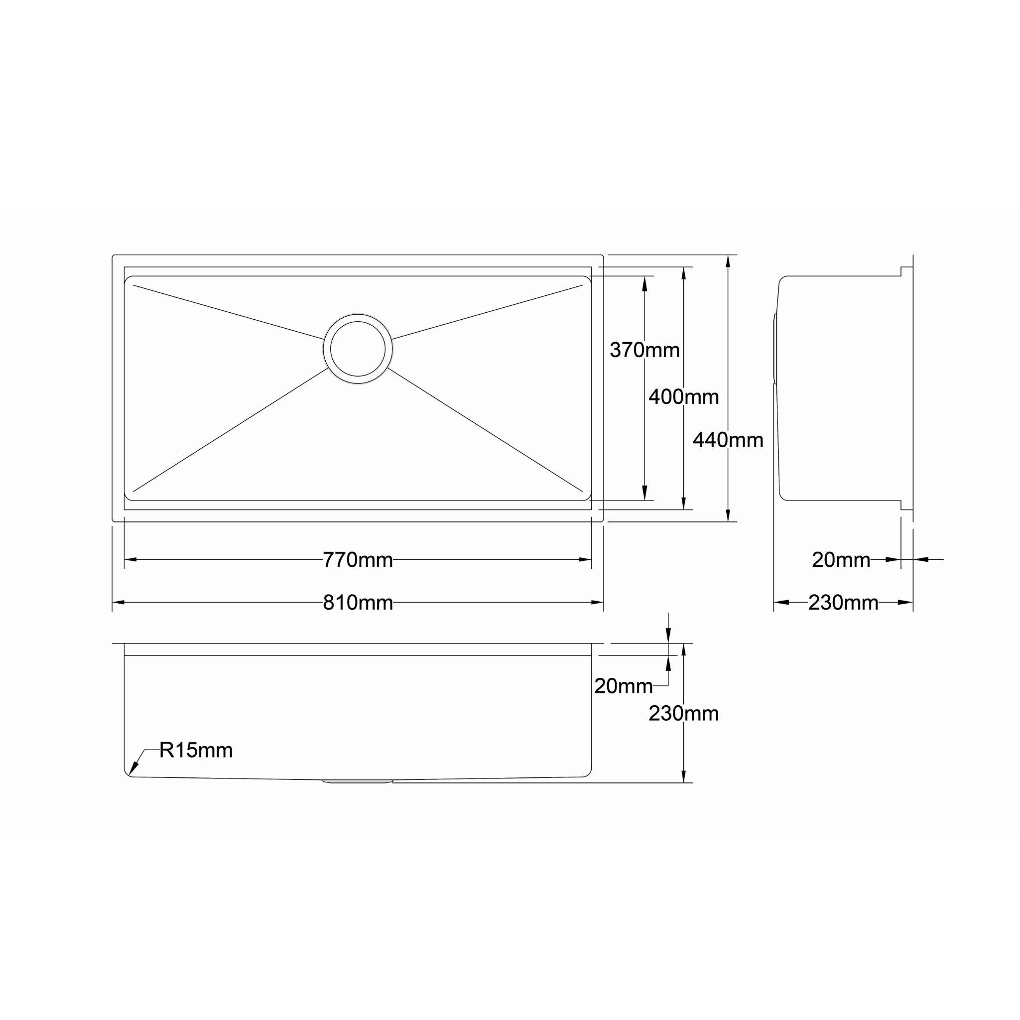 LUKKA KLIFF HAND MADE STAINLESS STEEL SINGLE BOWL UNDERMOUNT KITCHEN SINK 810MM
