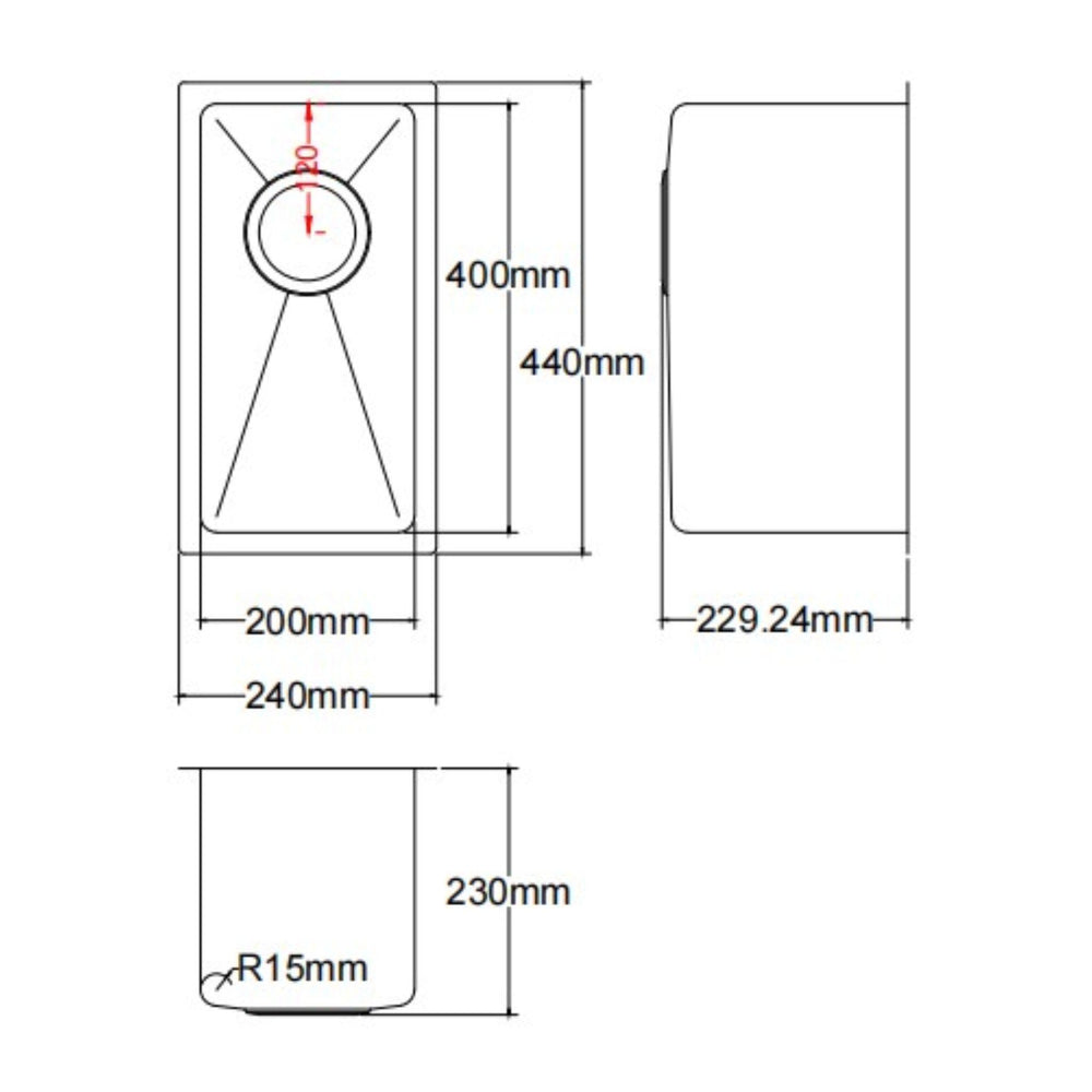 LUKKA KLIFF HAND MADE STAINLESS STEEL SINGLE BOWL UNDERMOUNT KITCHEN SINK 240MM