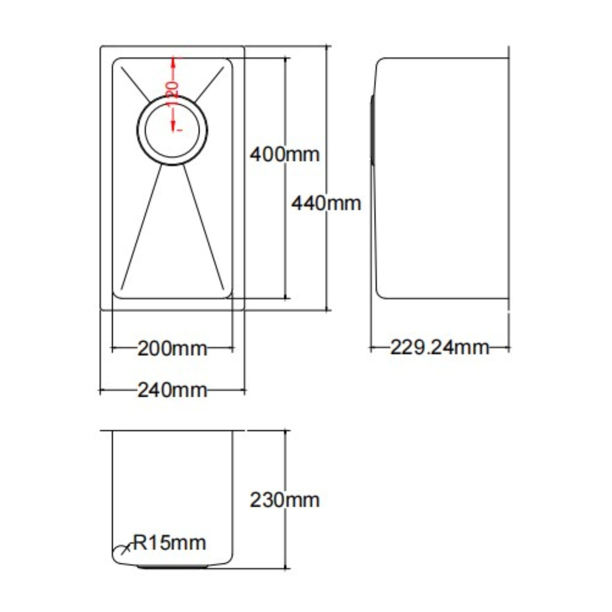 LUKKA KLIFF HAND MADE STAINLESS STEEL SINGLE BOWL UNDERMOUNT KITCHEN SINK 240MM