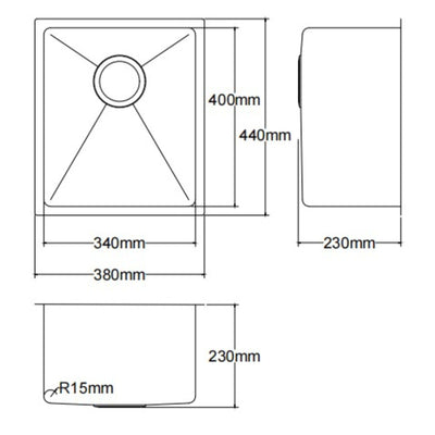 LUKKA KLIFF HAND MADE STAINLESS STEEL SINGLE BOWL UNDERMOUNT KITCHEN SINK 380MM