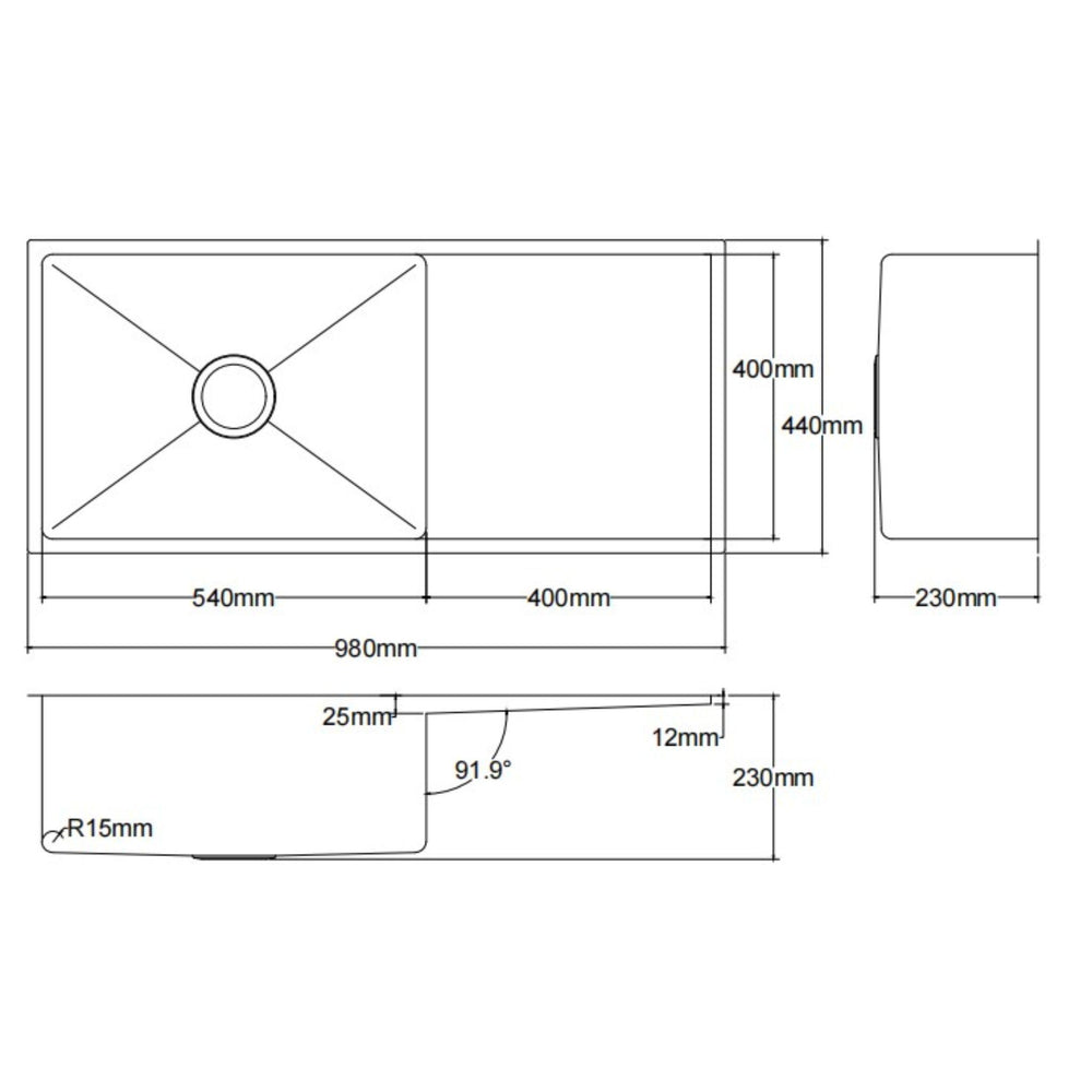 LUKKA KLIFF HAND MADE STAINLESS STEEL SINGLE BOWL WITH DRAINER UNDERMOUNT KITCHEN SINK 980MM