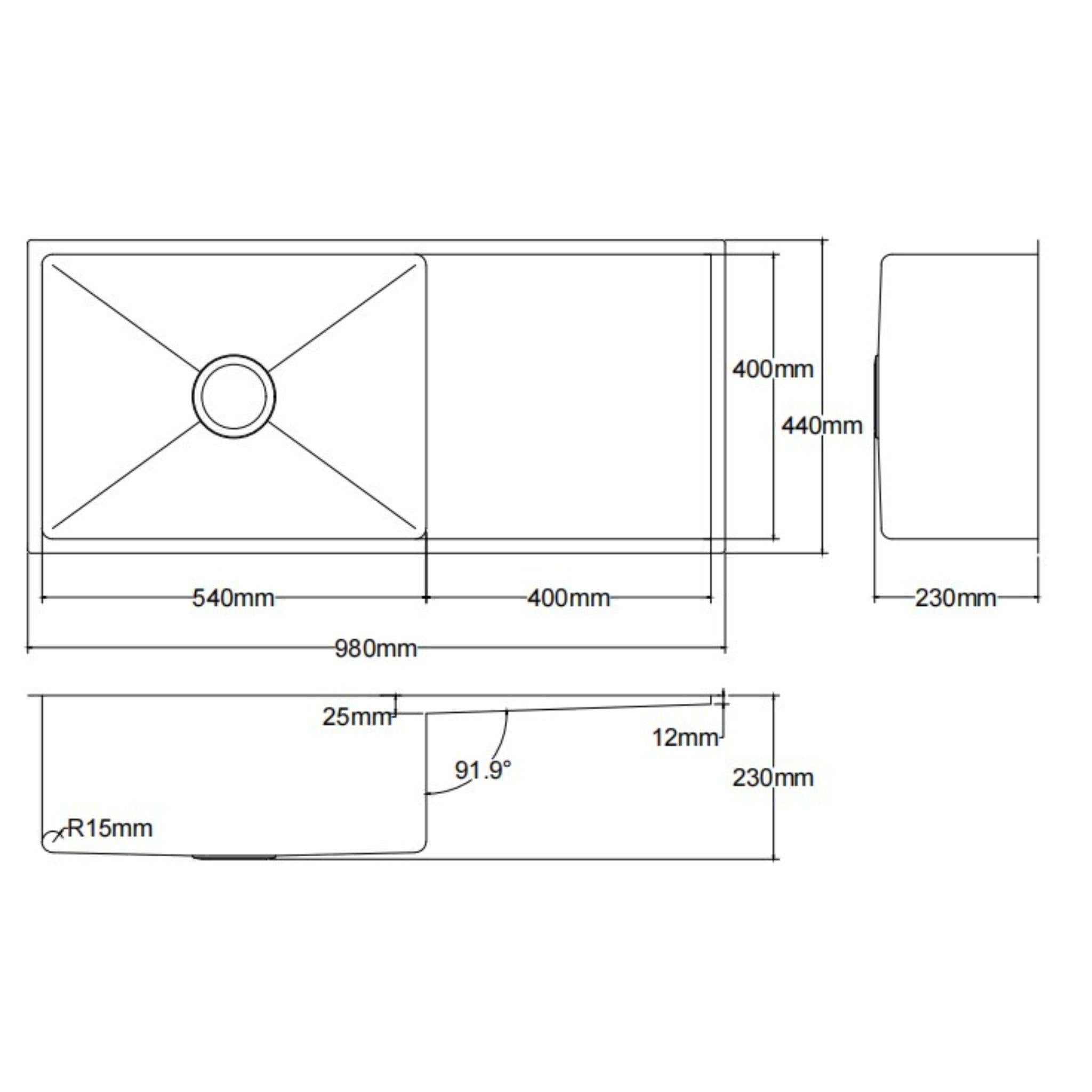 LUKKA KLIFF HAND MADE STAINLESS STEEL SINGLE BOWL WITH DRAINER UNDERMOUNT KITCHEN SINK 980MM
