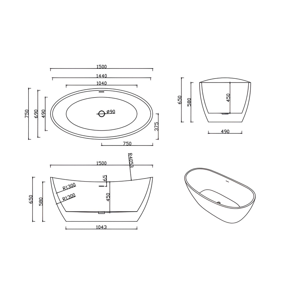 LUKKA VALLA FREESTANDING BATHTUB OVERFLOW MATTE WHITE (AVAILABLE IN 1500MM AND 1700MM)