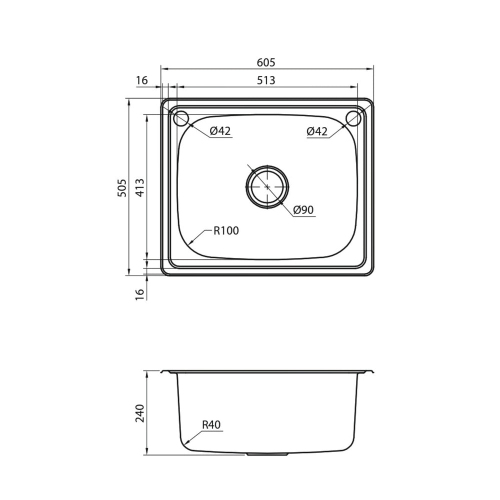 SCHOCK LODDEN SINGLE BOWL LAUNDRY SINK WITH BYPASS STAINLESS STEEL 605MM