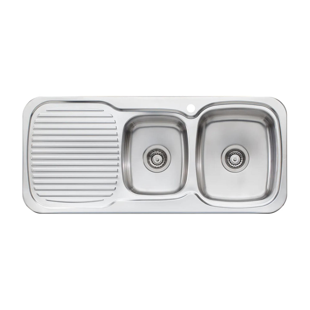 OLIVERI LAKELAND 1 & 3/4 BOWL TOPMOUNT ALFRESCO AND KITCHEN SINK WITH TAPHOLE & DRAINER STAINLESS STEEL 1080MM