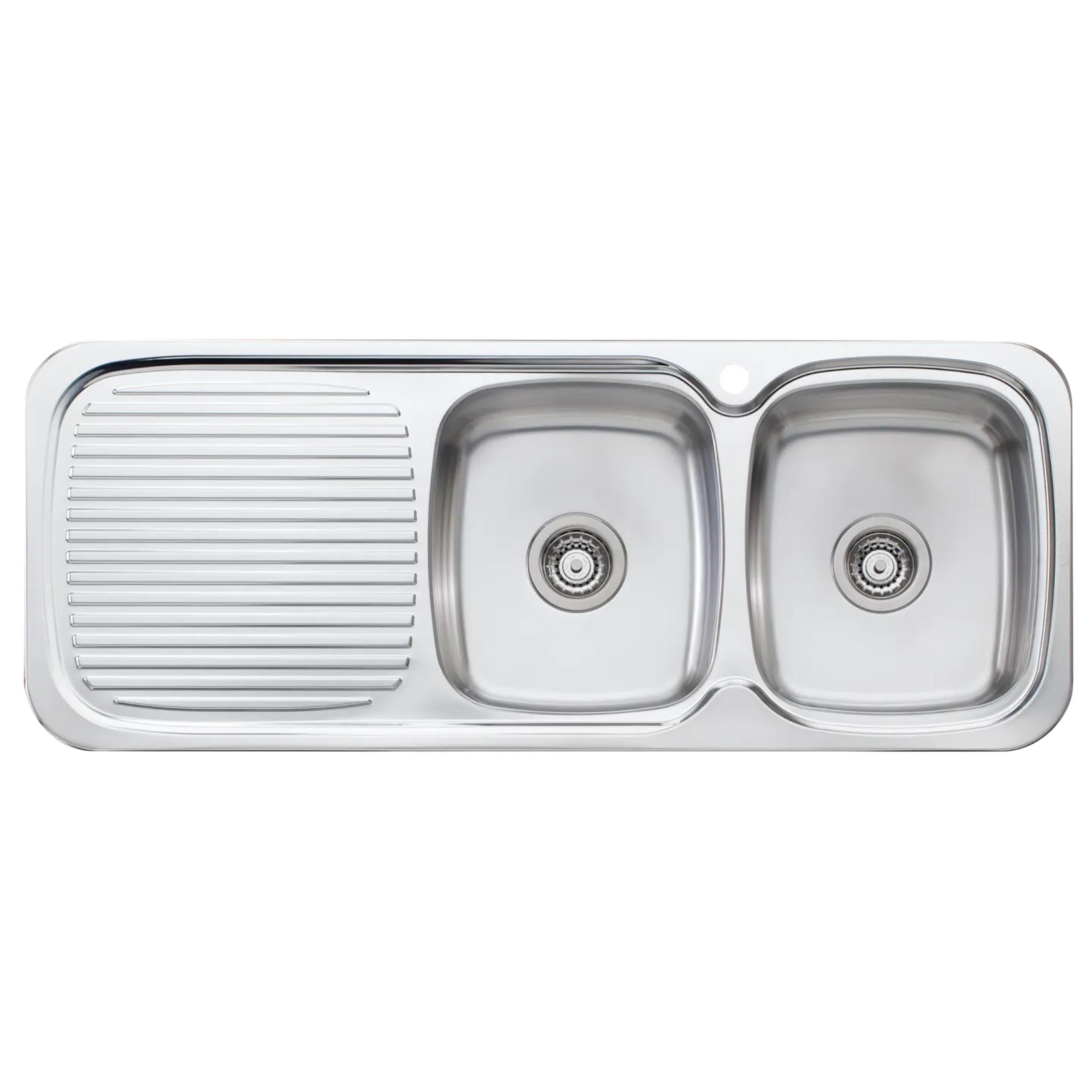 OLIVERI LAKELAND DOUBLE BOWL TOPMOUNT KITCHEN SINK WITH TAPHOLE & DRAINER STAINLESS STEEL 1200MM