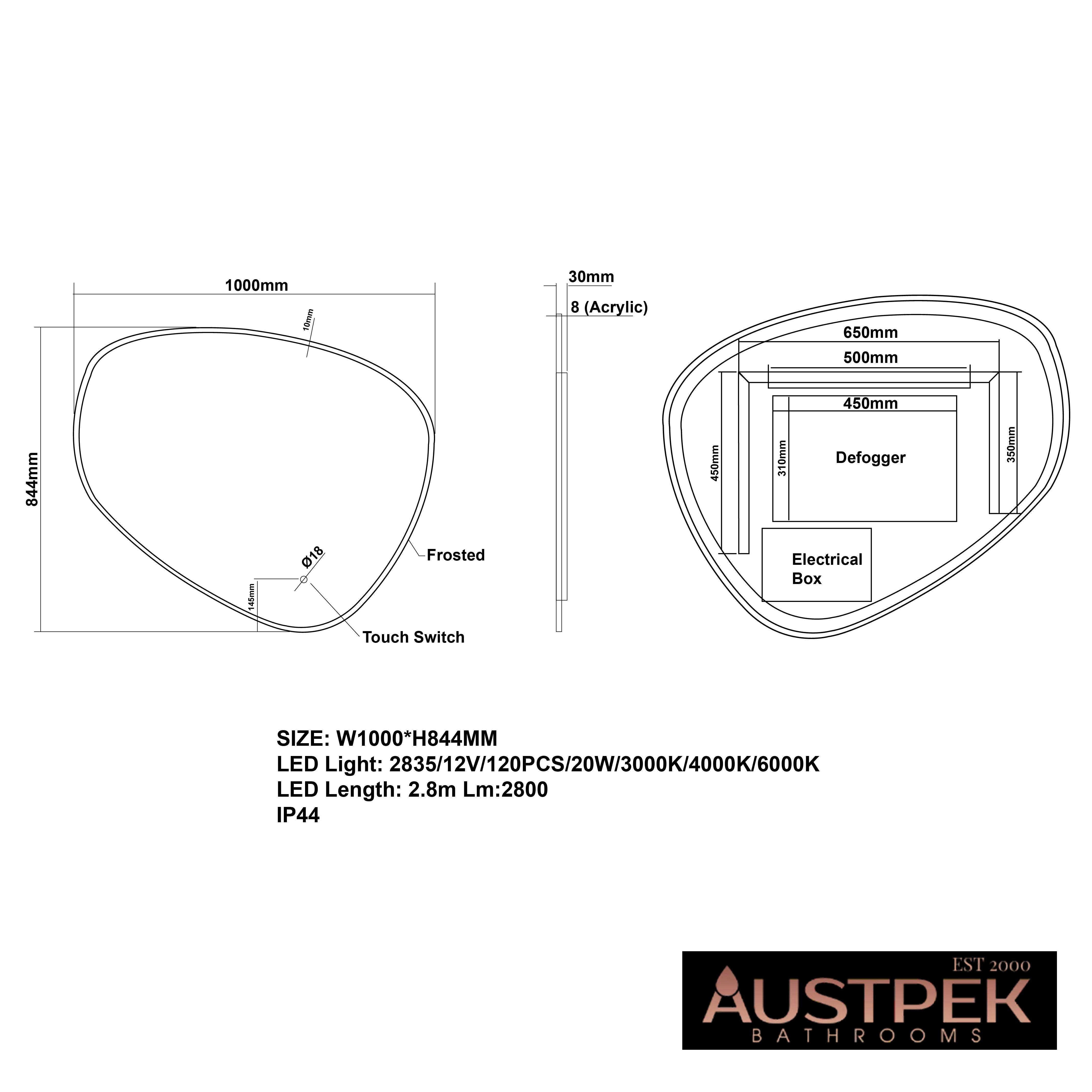 AQUAPERLA ASYMMETRICAL ACRYLIC LED MIRROR 3 COLOUR LIGHTS CHROME 1000X844MM