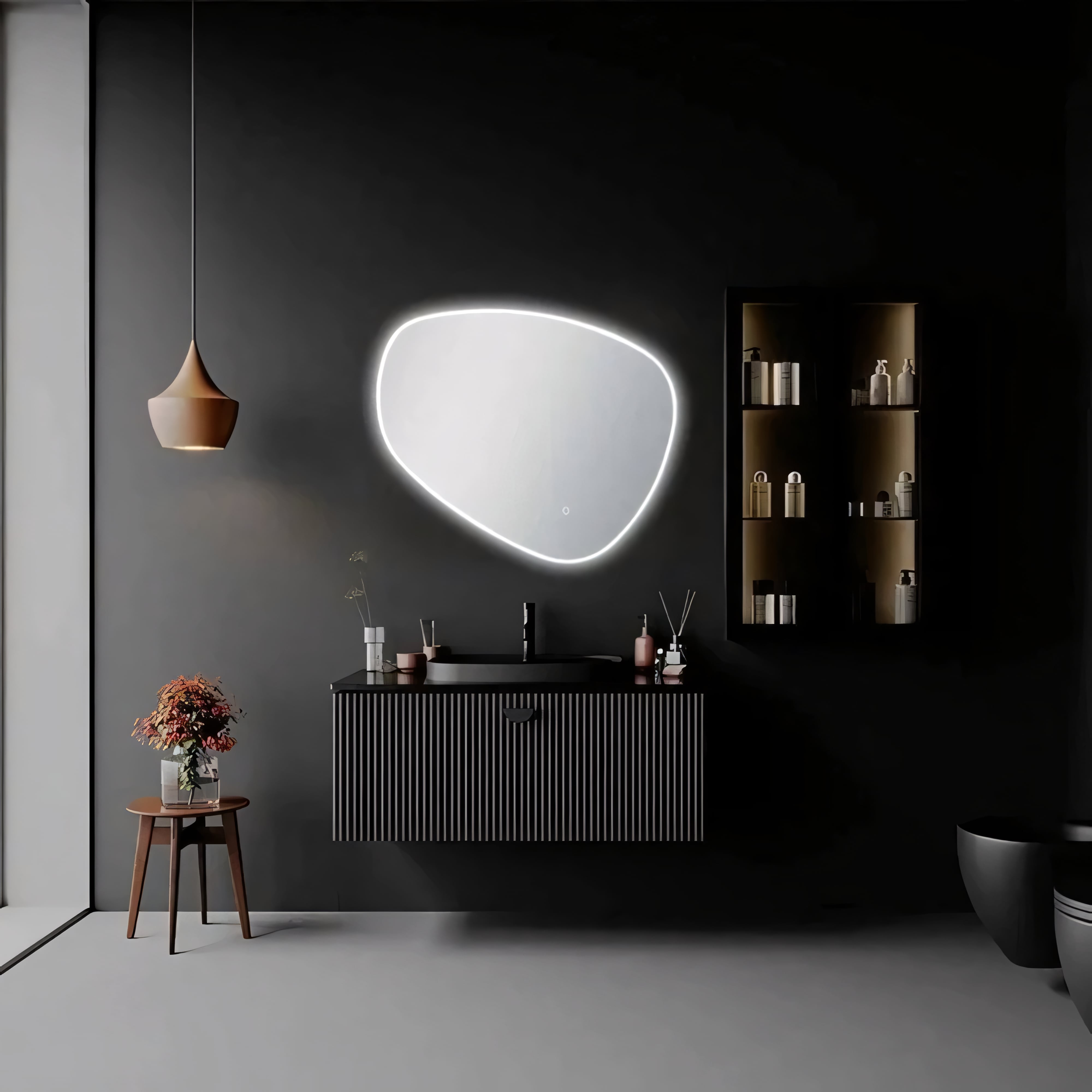 AQUAPERLA ASYMMETRICAL ACRYLIC LED MIRROR 3 COLOUR LIGHTS CHROME 1000X844MM