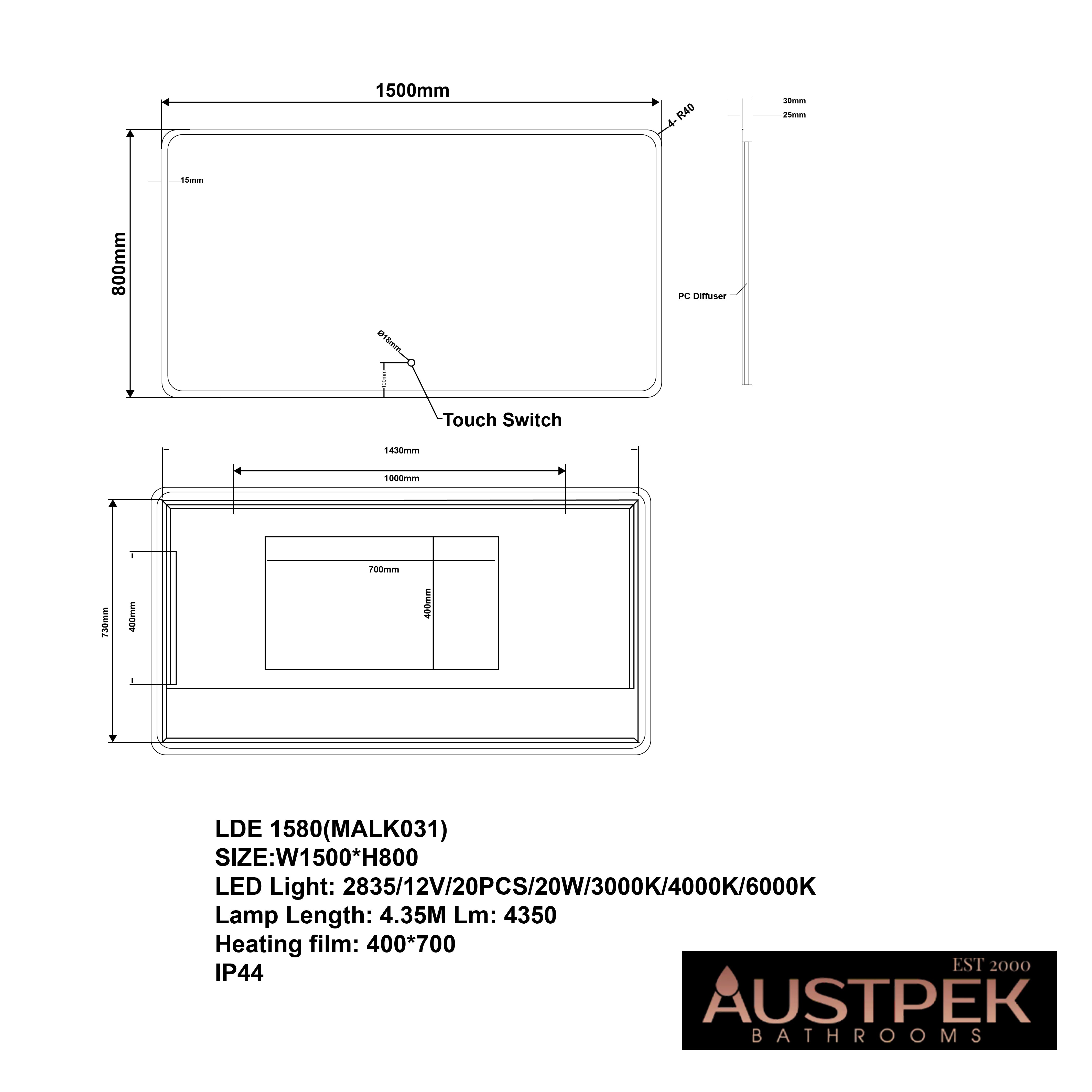AQUAPERLA RECTANGULAR ACRYLIC BACKLIT LED MIRROR 3 COLOUR LIGHTS CHROME 1500X800MM