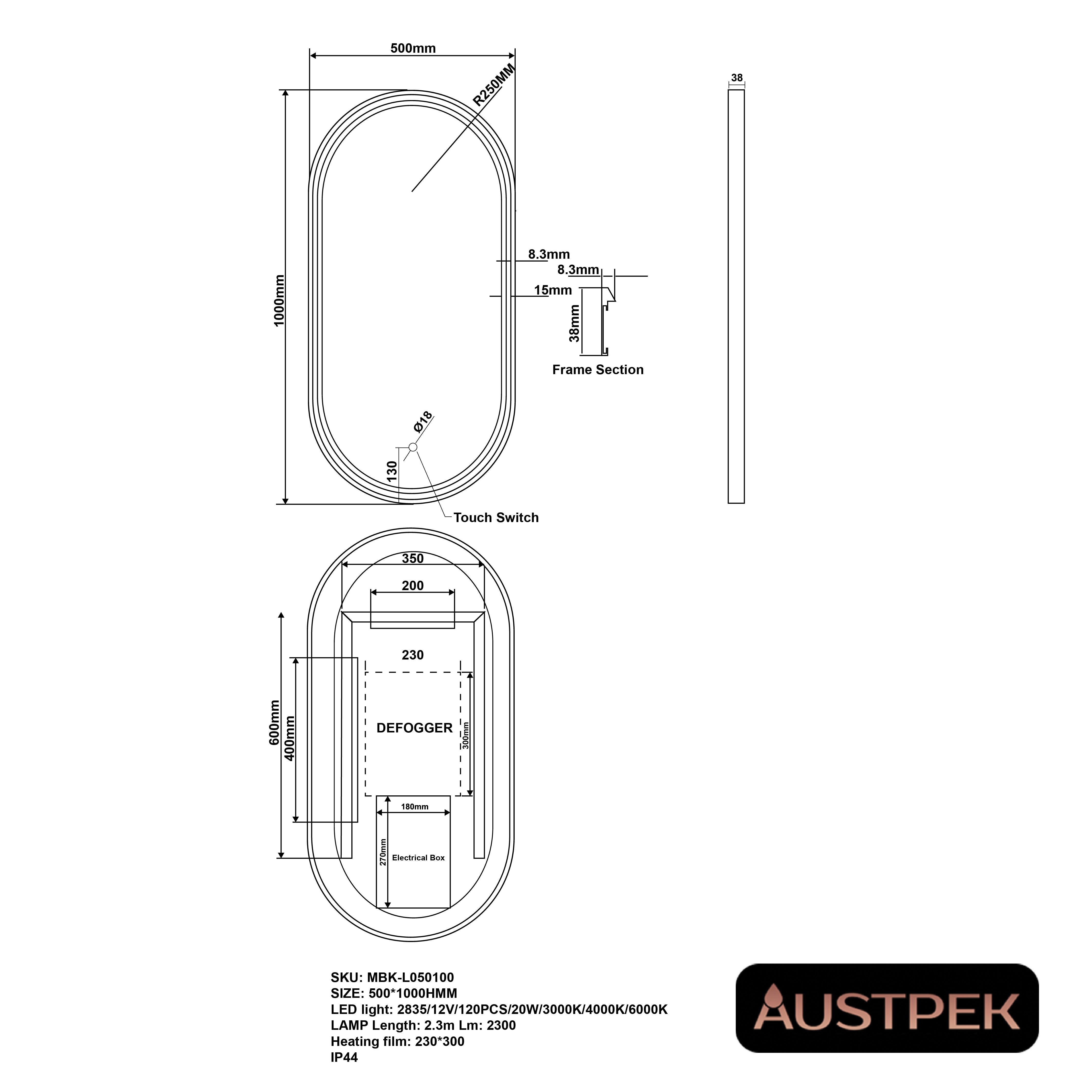 AQUAPERLA OVAL NON LUMINOUS FRAMED LED MIRROR MATTE BLACK 500X1000MM