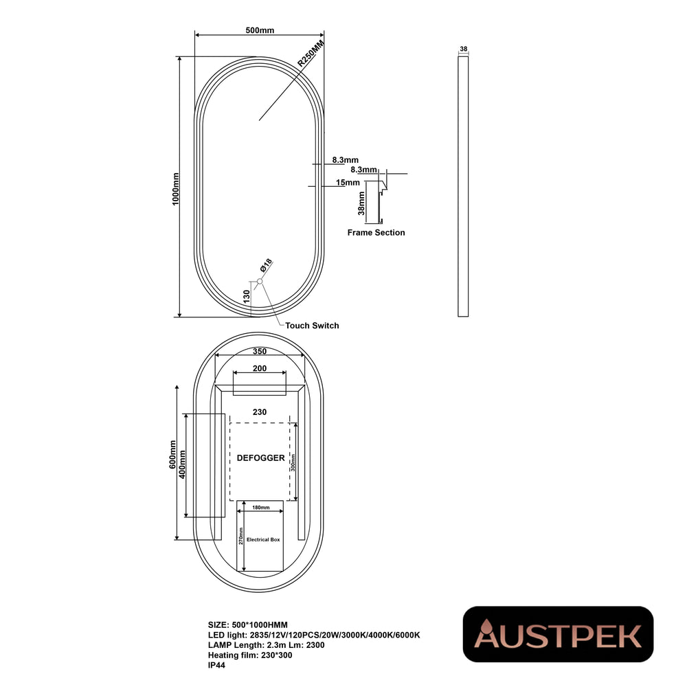 AQUAPERLA OVAL NON LUMINOUS FRAMED LED MIRROR MATTE BRUSHED GOLD 500X1000MM