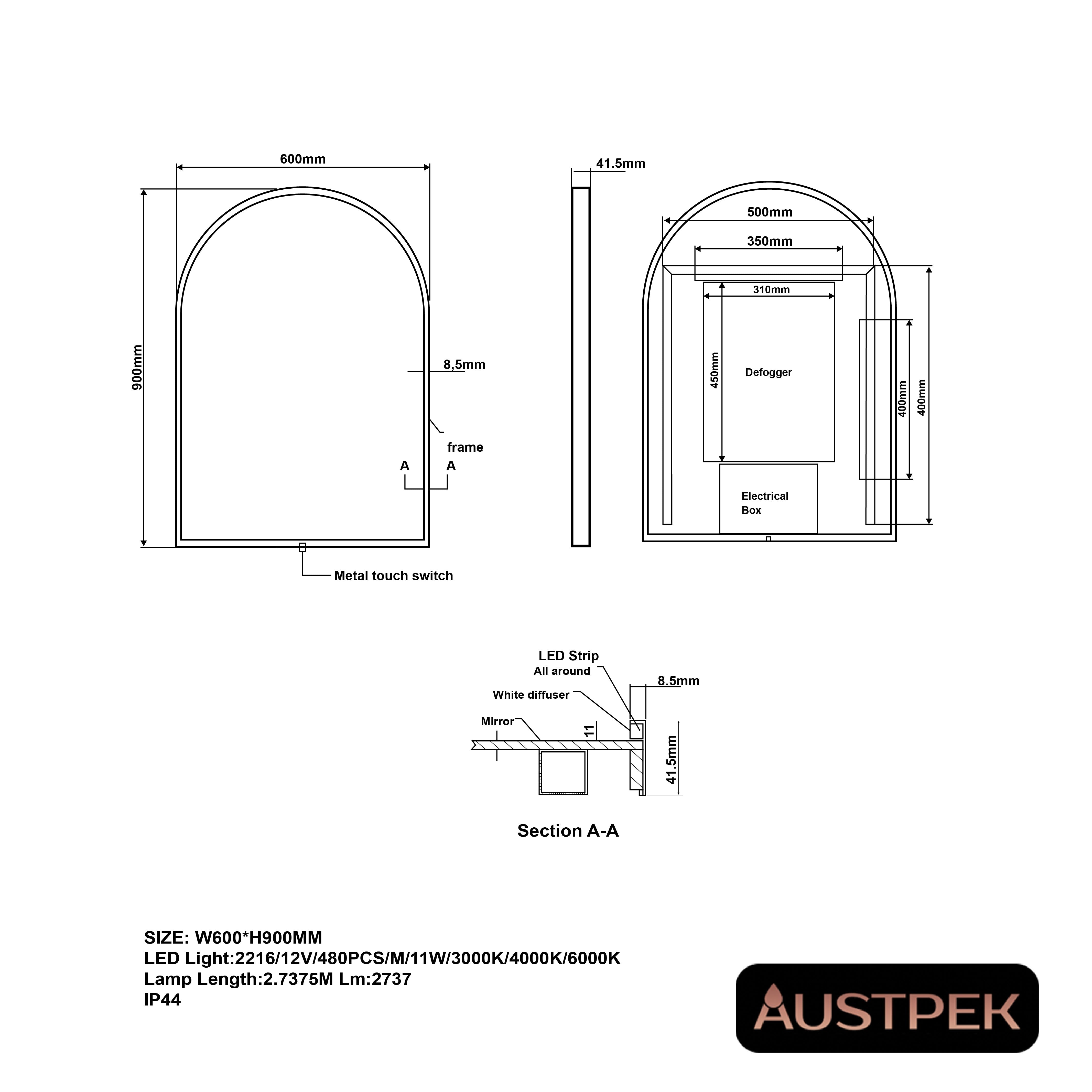 AQUAPERLA ARCH FRAMED LED MIRROR GUN METAL GREY 600X900MM