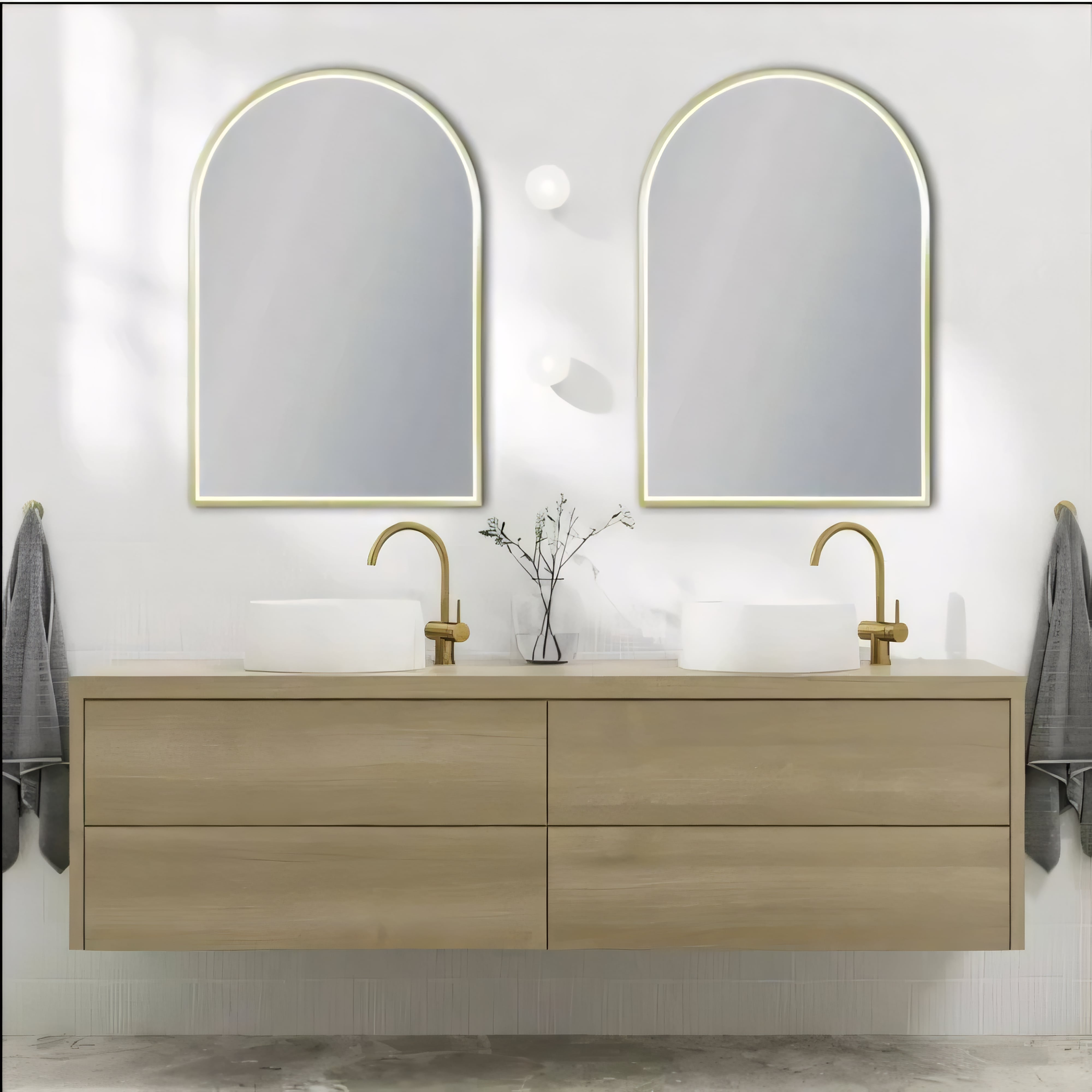 AQUAPERLA ARCH FRAMED LED MIRROR BRUSHED GOLD 600X900MM