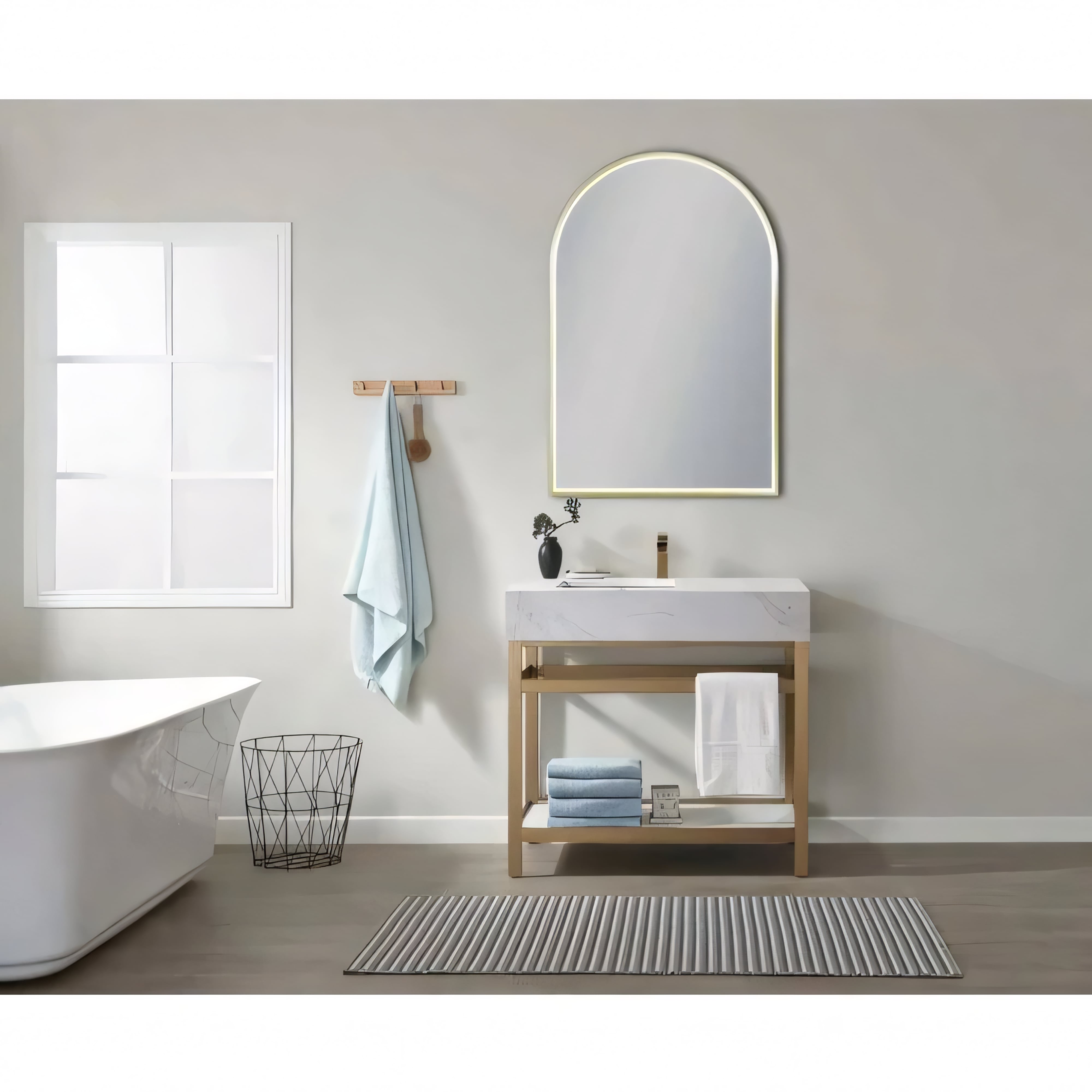 AQUAPERLA ARCH FRAMED LED MIRROR BRUSHED GOLD 600X900MM