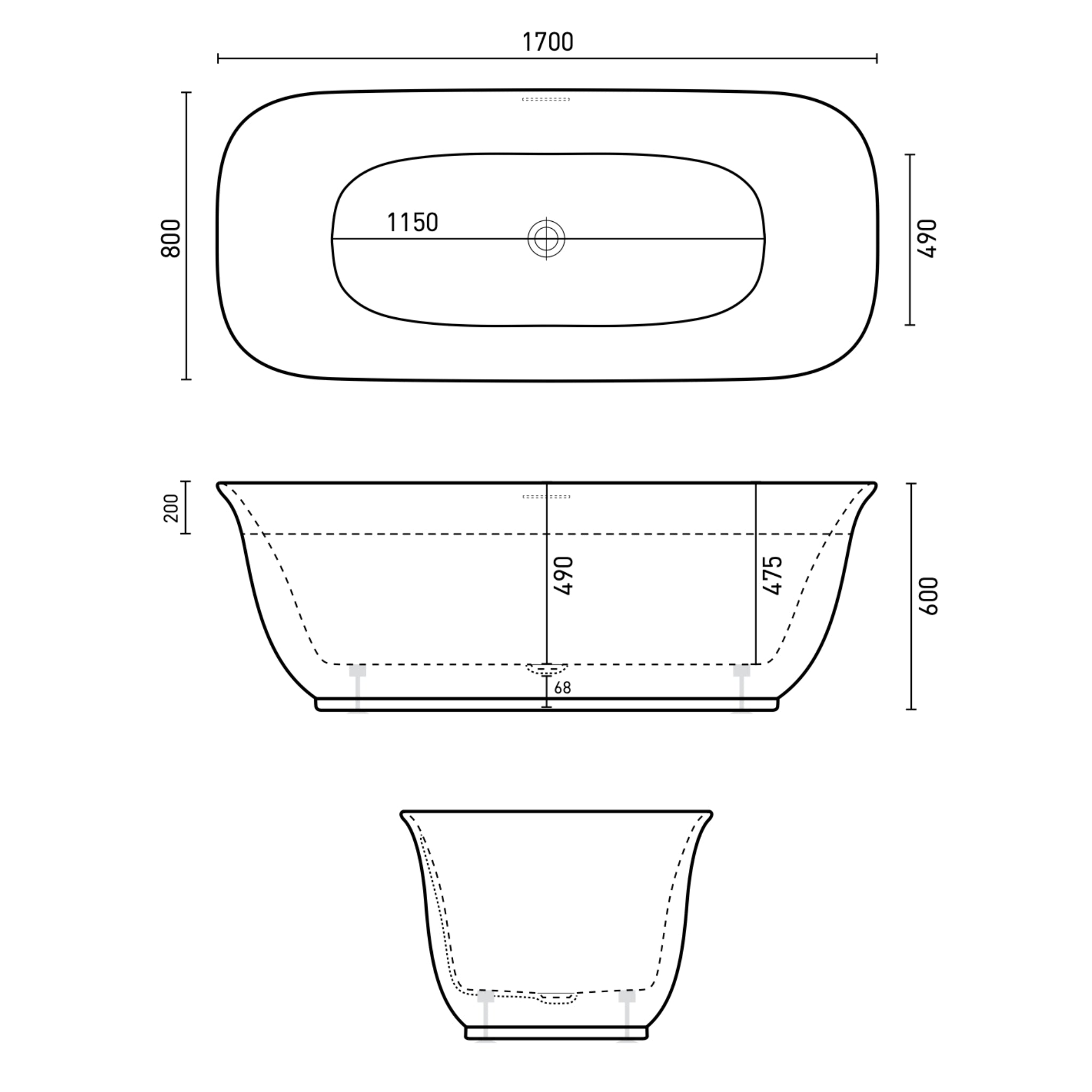 DECINA LOLA FREESTANDING BATH WITH INTEGRATED OVERFLOW GLOSS WHITE 1700MM