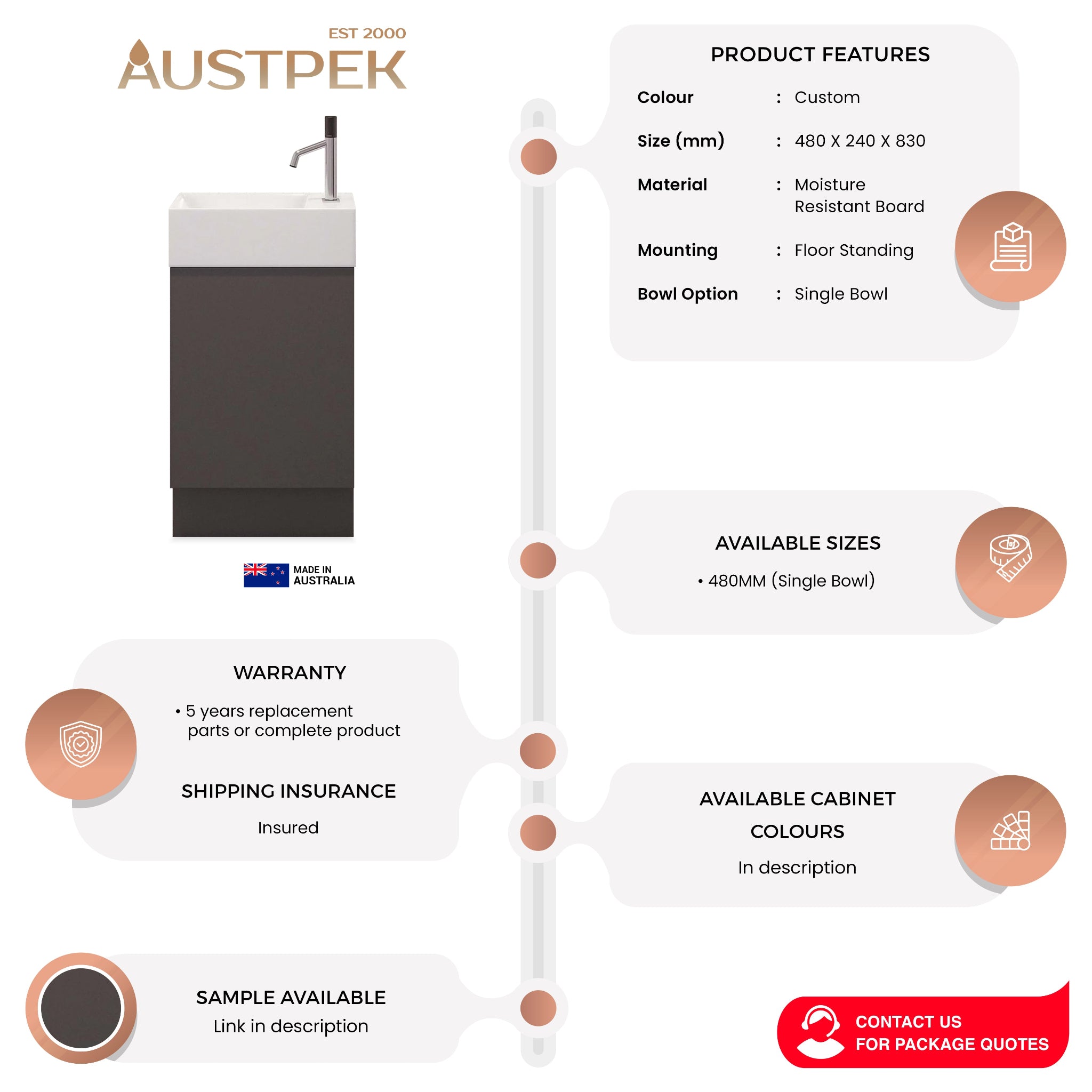 TIMBERLINE LOTTIE 480MM SPACE SAVING SINGLE BOWL CUSTOM FLOOR STANDING VANITY