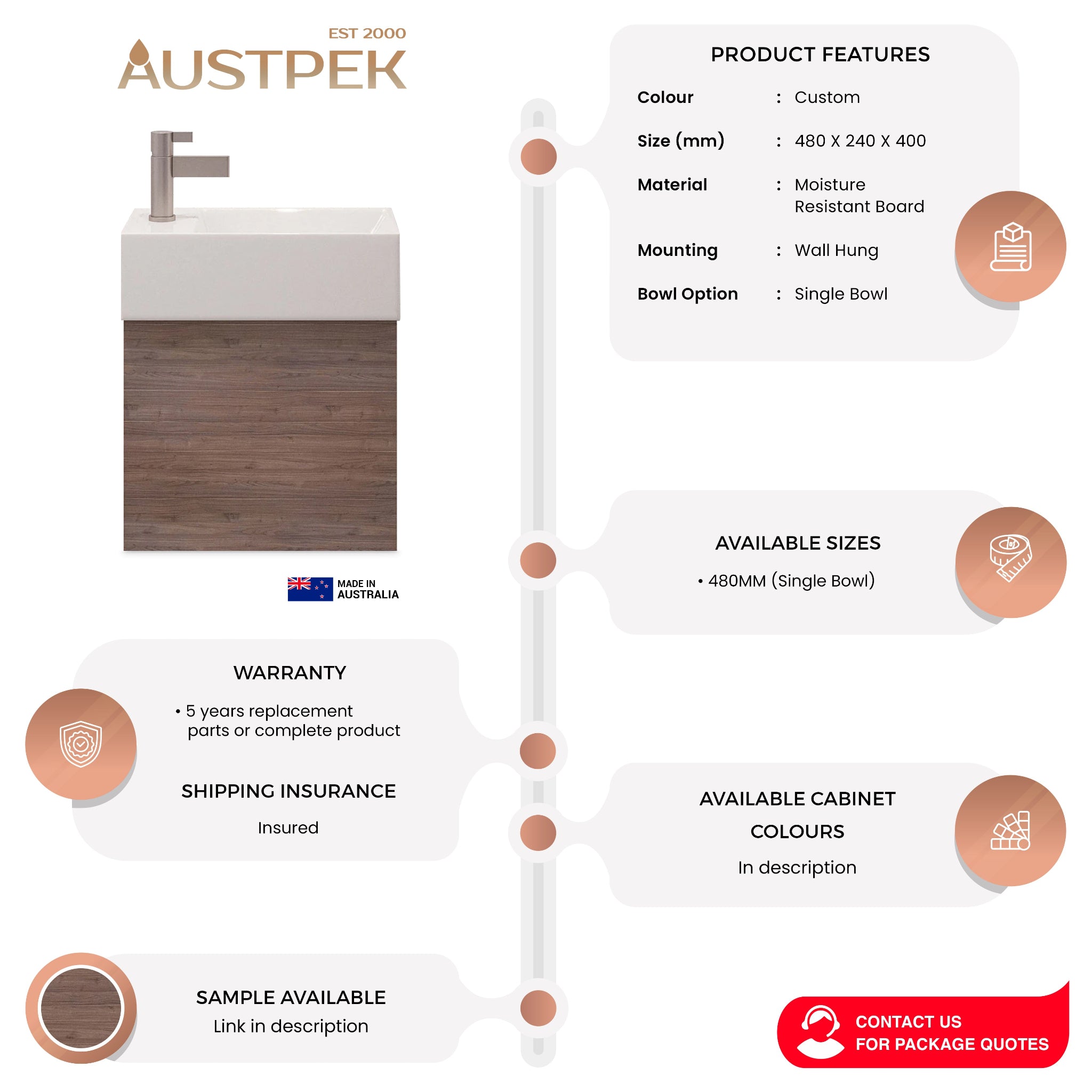 TIMBERLINE LOTTIE 480MM SPACE SAVING SINGLE BOWL CUSTOM WALL HUNG VANITY