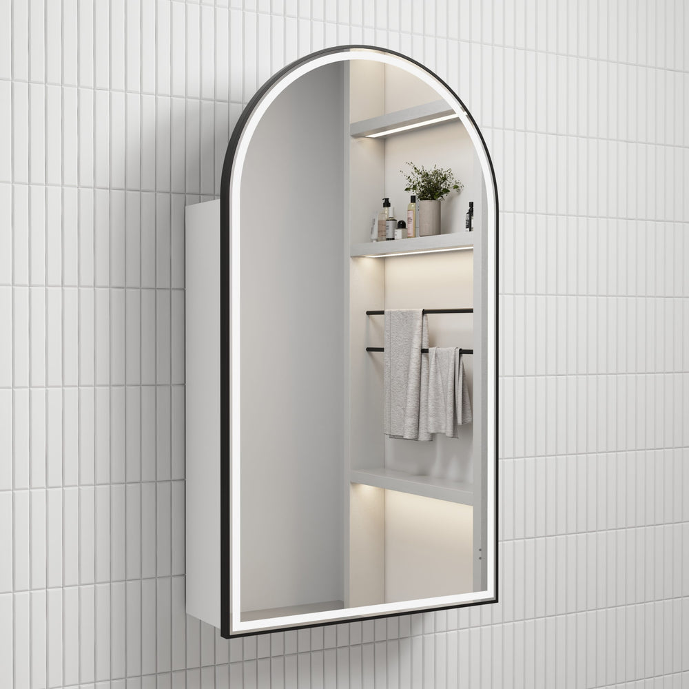 AULIC CANTERBURY MATTE BLACK FRAMED MATTE WHITE LED SHAVING CABINET 500X900MM